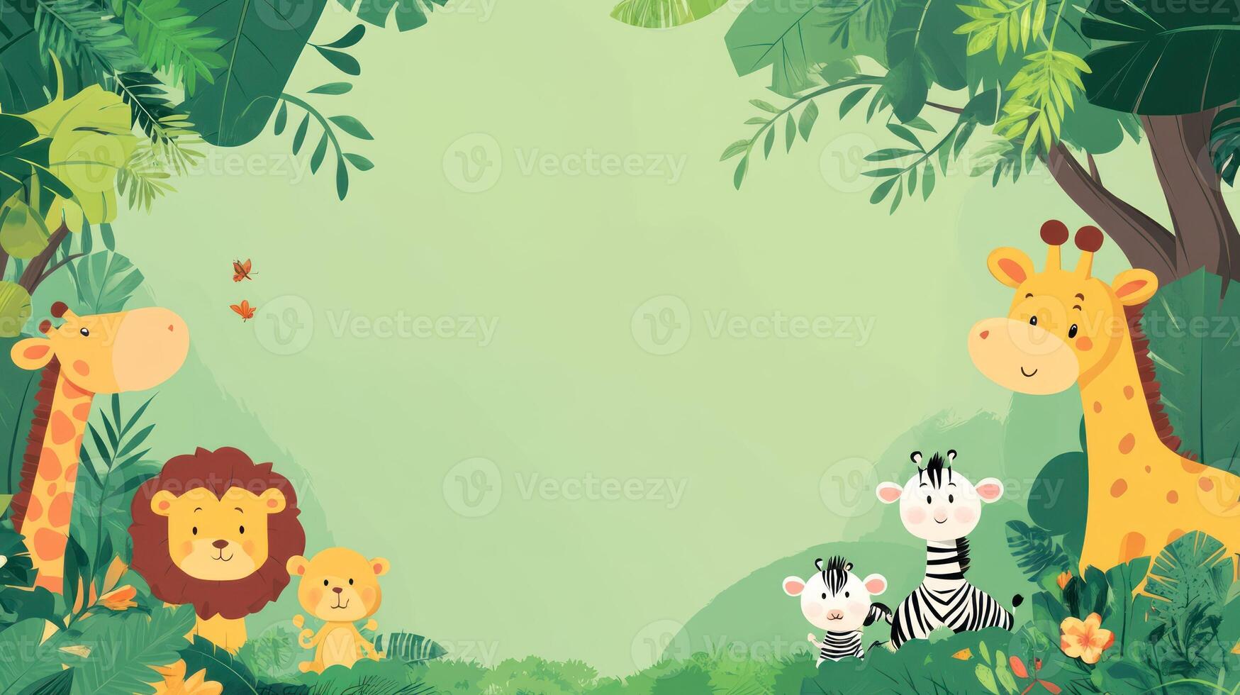 Cute Jungle Animals with Green Foliage and a Blank Space photo