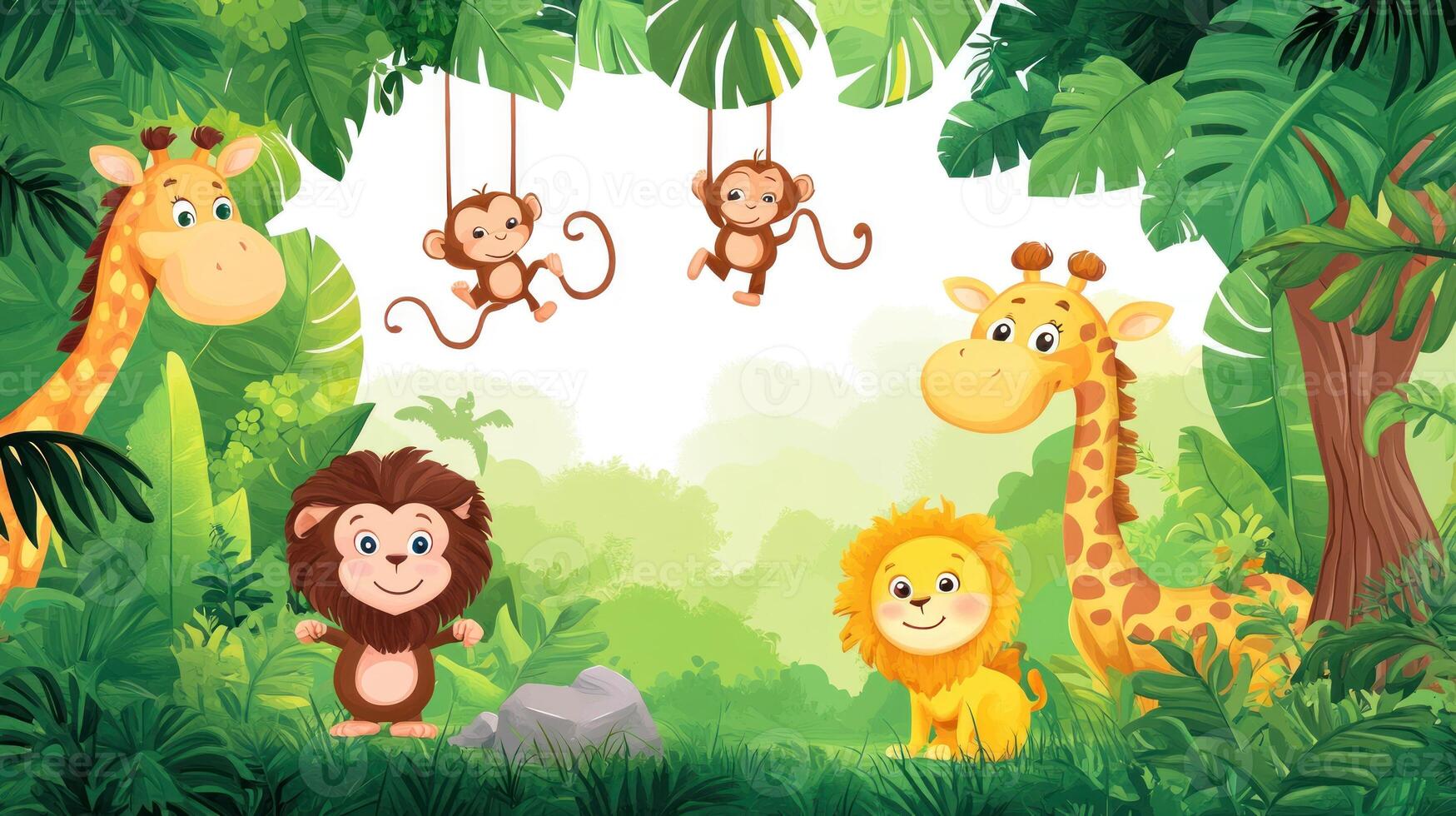 Cartoon Giraffes, Lions, and Monkeys in a Lush Jungle photo