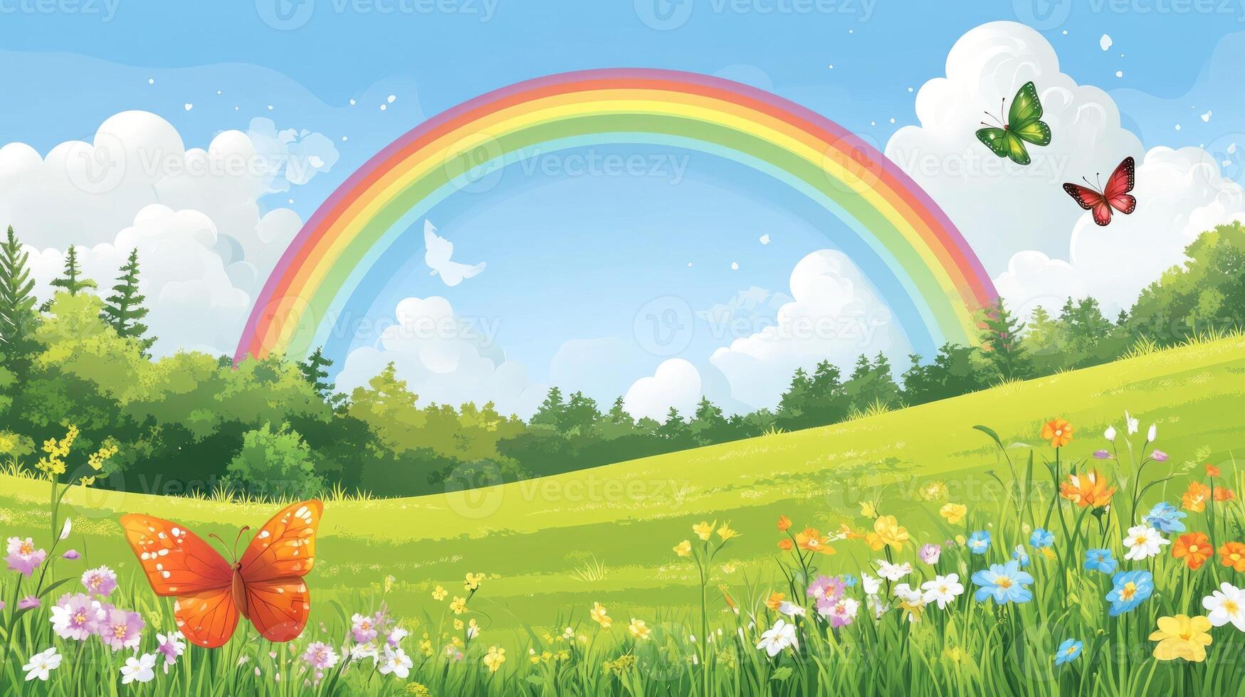 Rainbow Over a Lush Meadow with Butterflies and Flowers photo