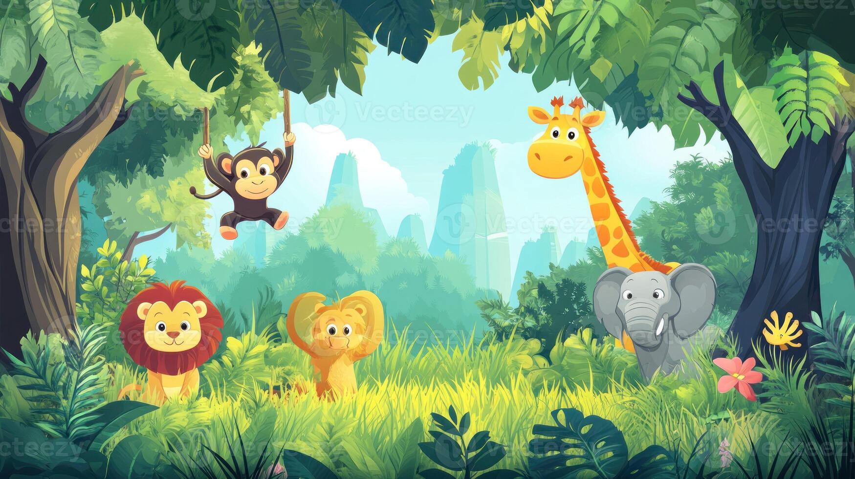 Cartoon Animals in a Lush Tropical Jungle photo
