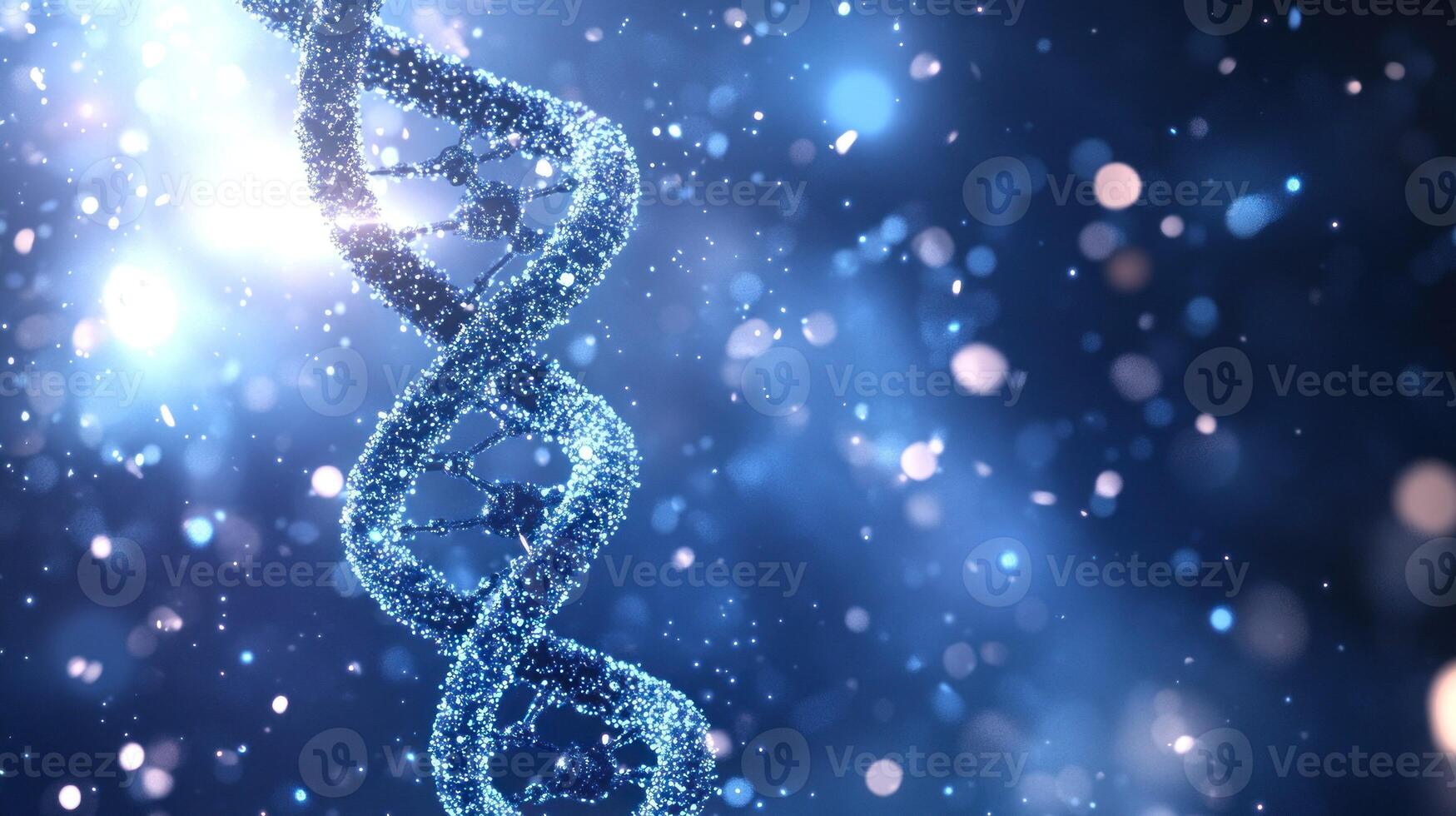 Glowing DNA Double Helix on Blue Background with Bokeh photo