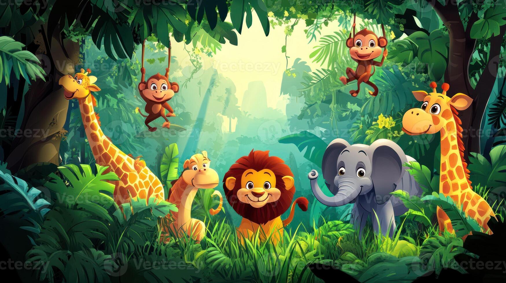 Cartoon Animals in a Lush Green Jungle Setting photo