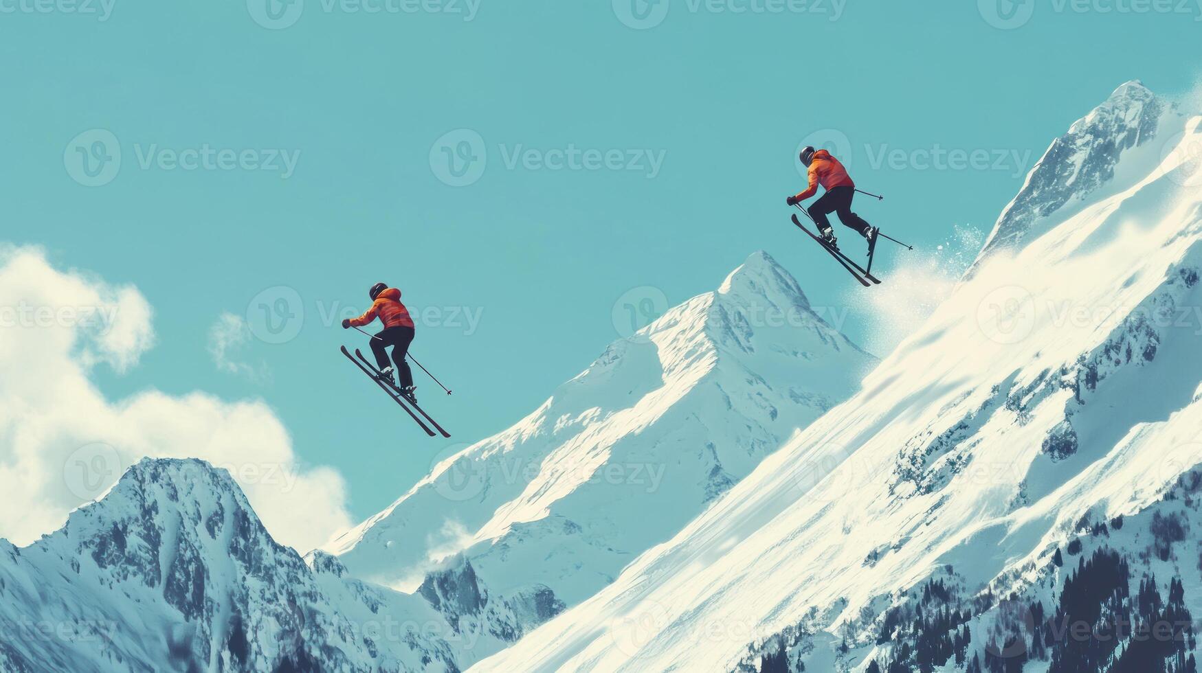 Two Skiers Soaring Over Snowy Mountain Peak photo