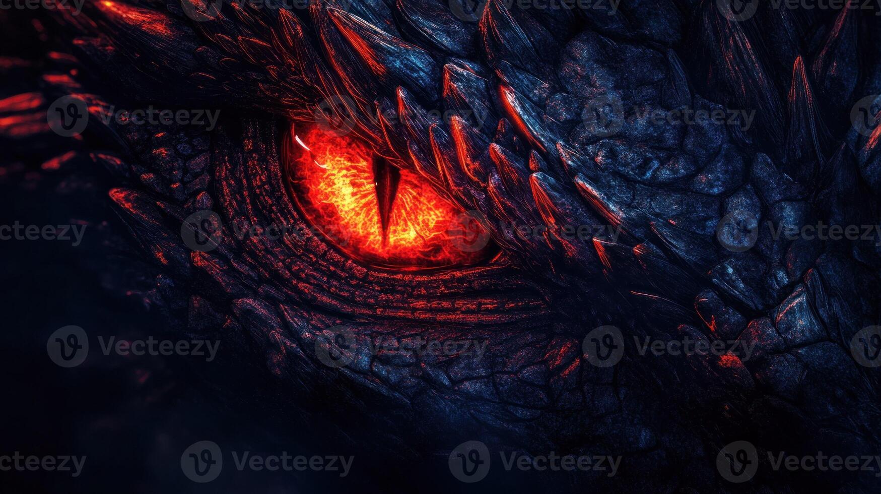 Close-up of a Dragon's Eye Glowing Red in Darkness photo