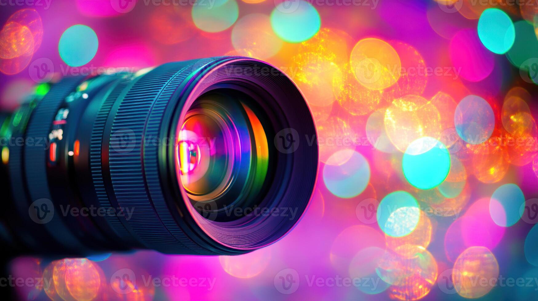 Camera Lens Capturing Colorful Bokeh Lights. photo