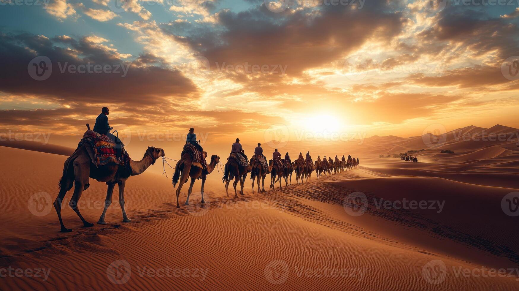 Camel Caravan Crossing the Sahara Desert at Sunset photo