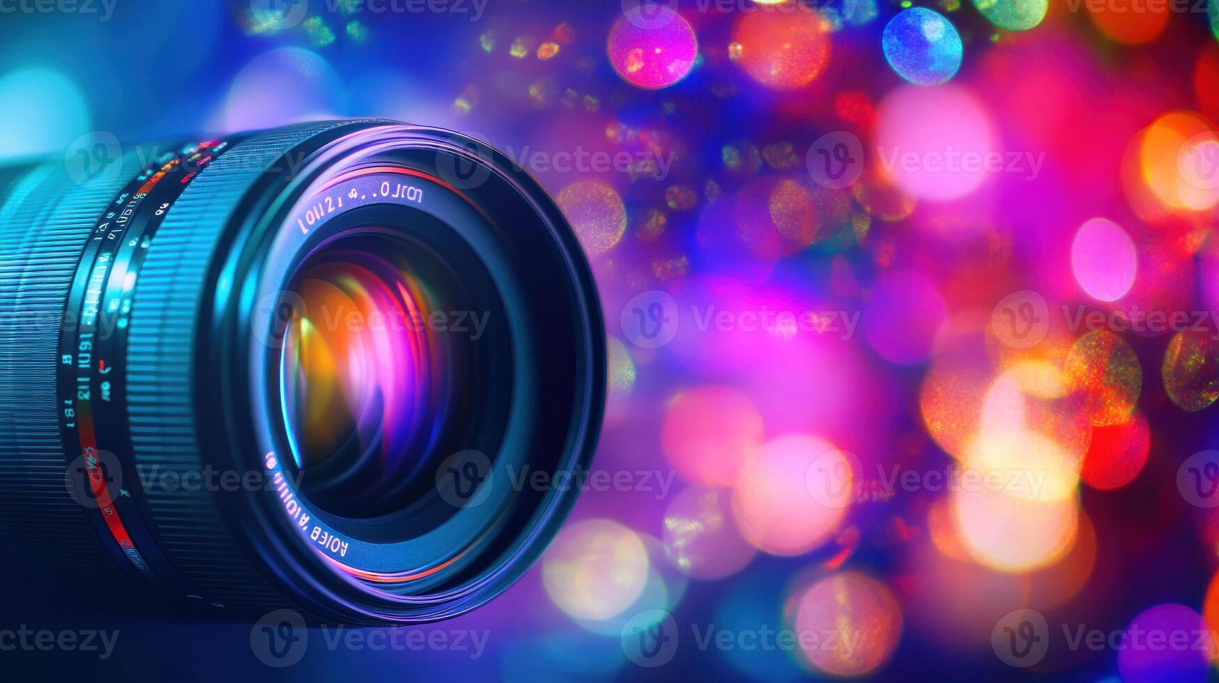 Camera Lens with Colorful Bokeh Lights photo