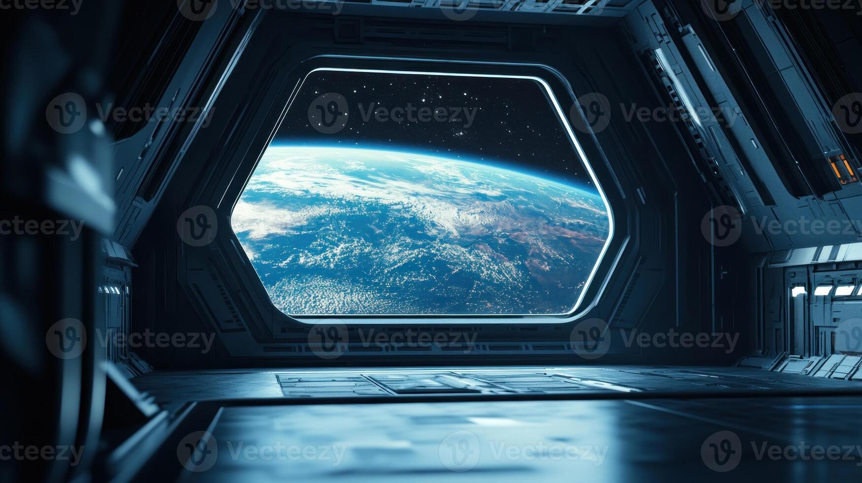 Spaceship Corridor with Earth View from Window photo