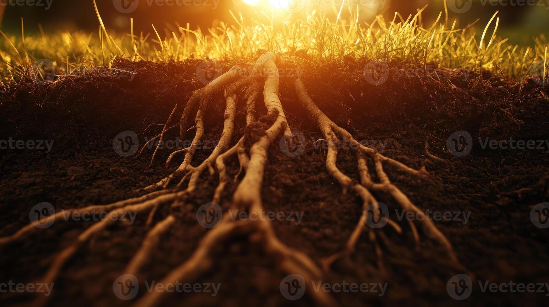 Tree Roots Emerging From Soil Under Golden Sunlight photo