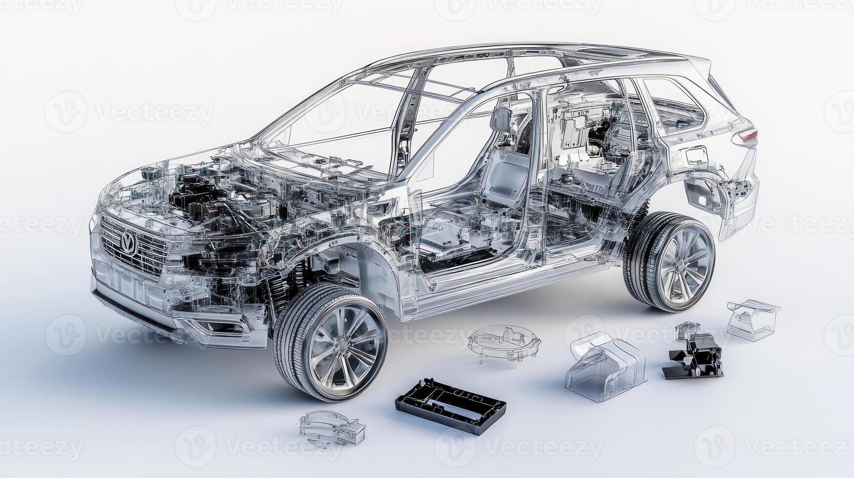 Transparent X-Ray View of a Modern SUV with Parts Disassembled photo