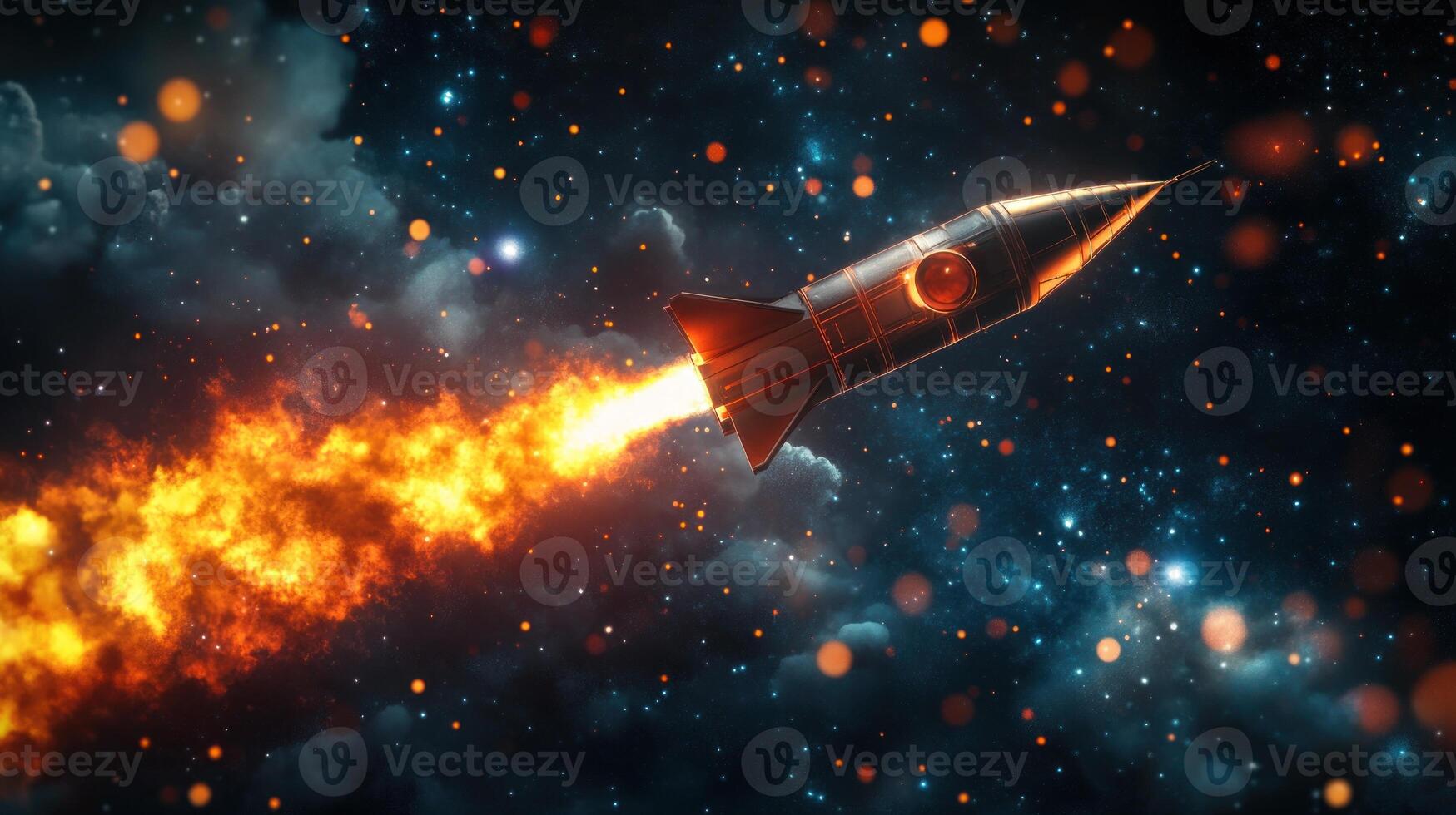 A Rocket Ascending Through a Starry Sky with a Trail of Fire photo