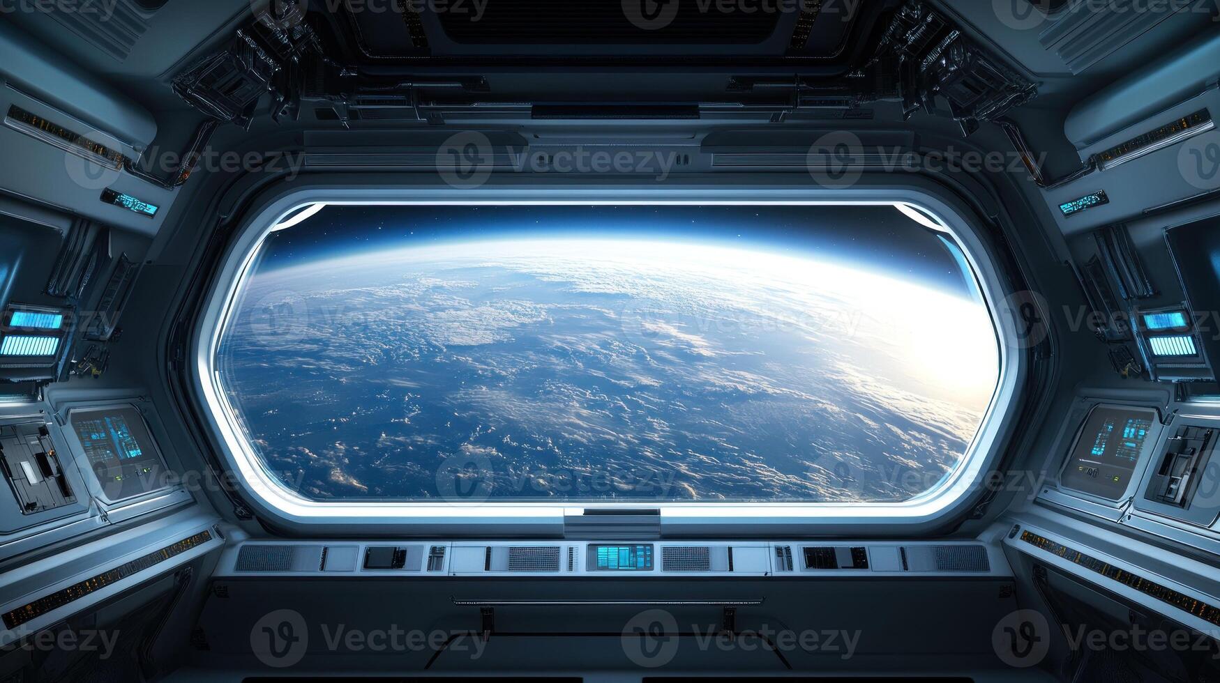 Futuristic Spaceship Interior with Earth View from a Large Window photo