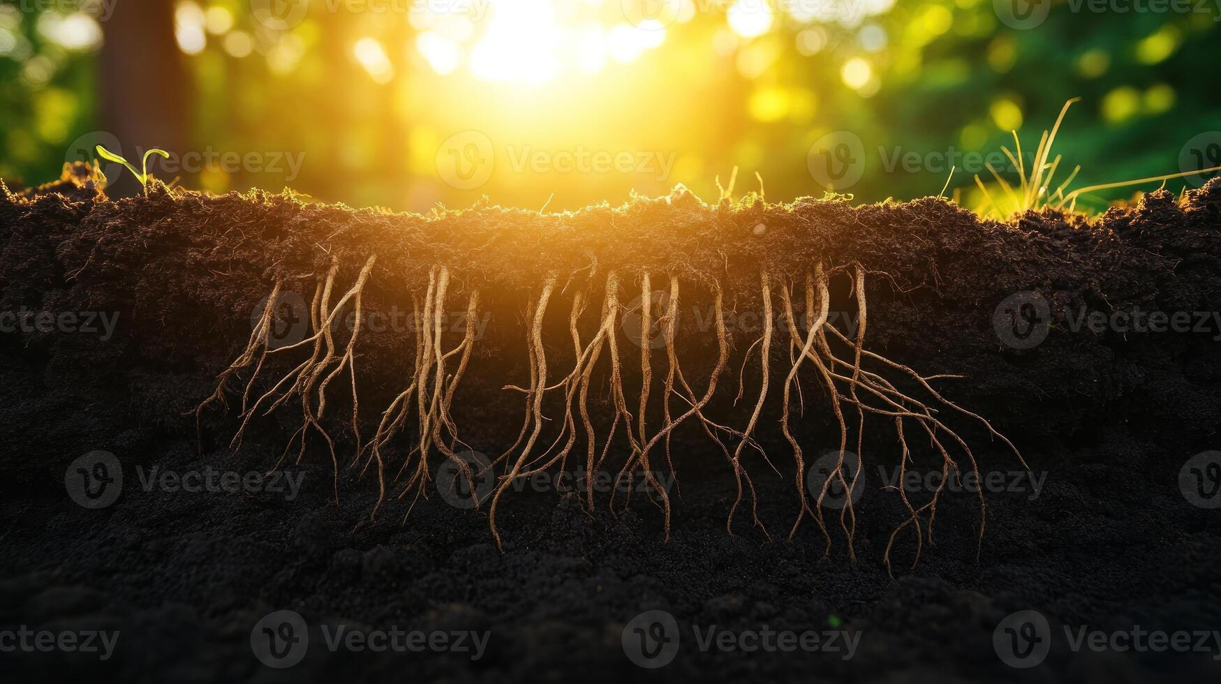 Roots Emerging from Dark Soil with a Sunlit Background photo