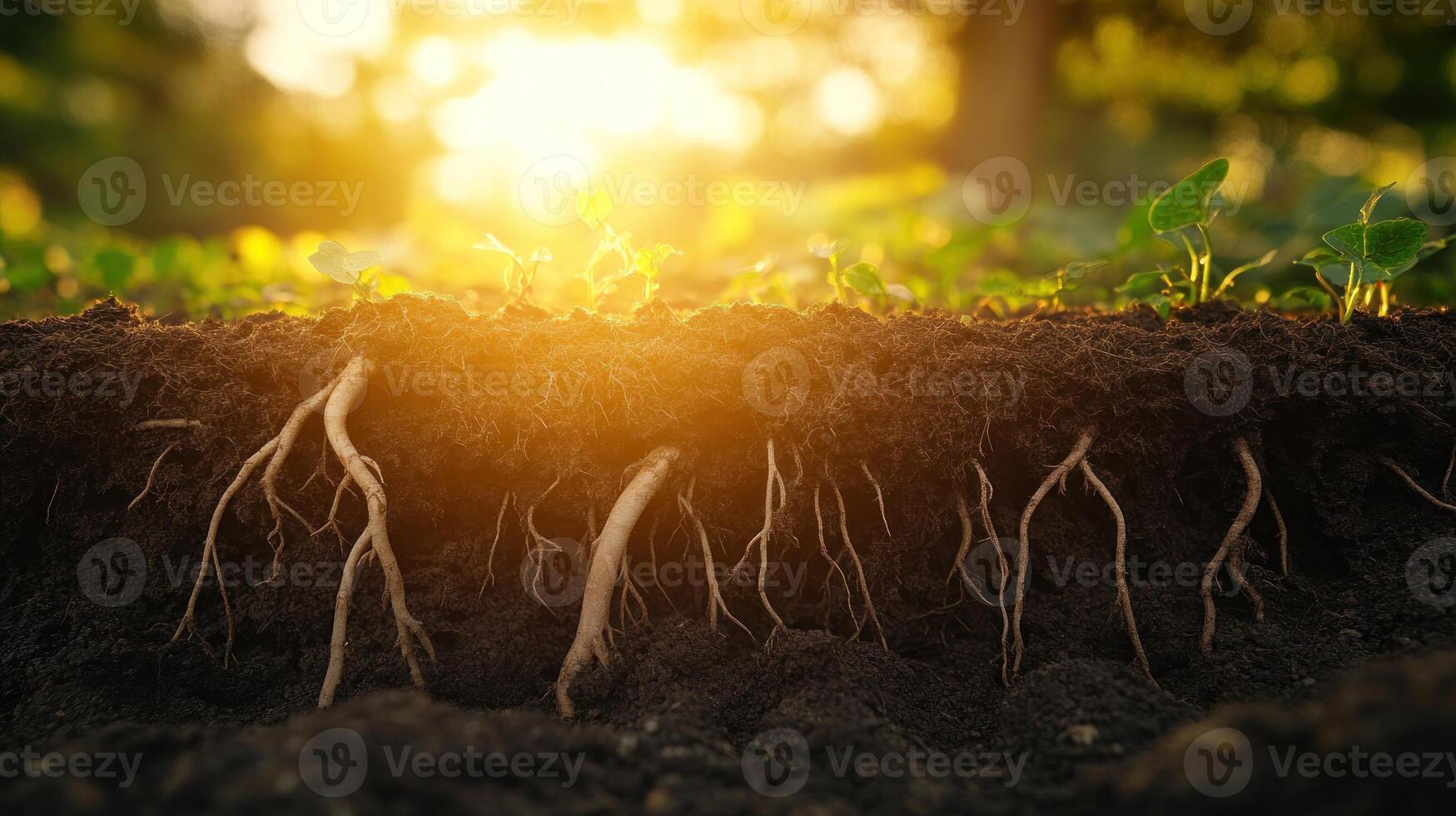 A Close-Up of Plant Roots in Soil Under the Golden Light of Sunset photo