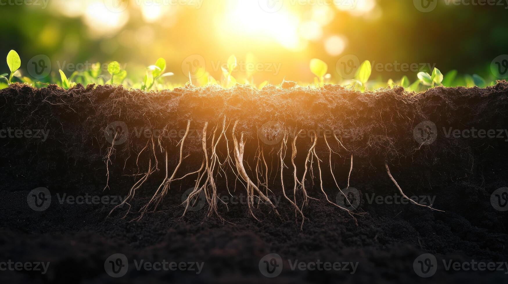 Close-up of Plant Roots Emerging from Soil at Sunset photo