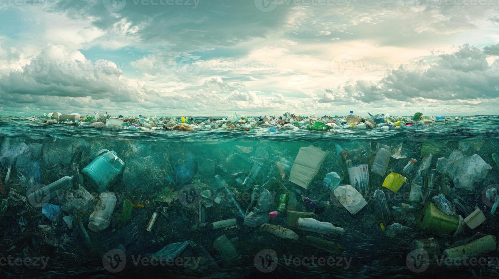 Plastic Pollution Accumulated on the Surface and Below the Ocean photo