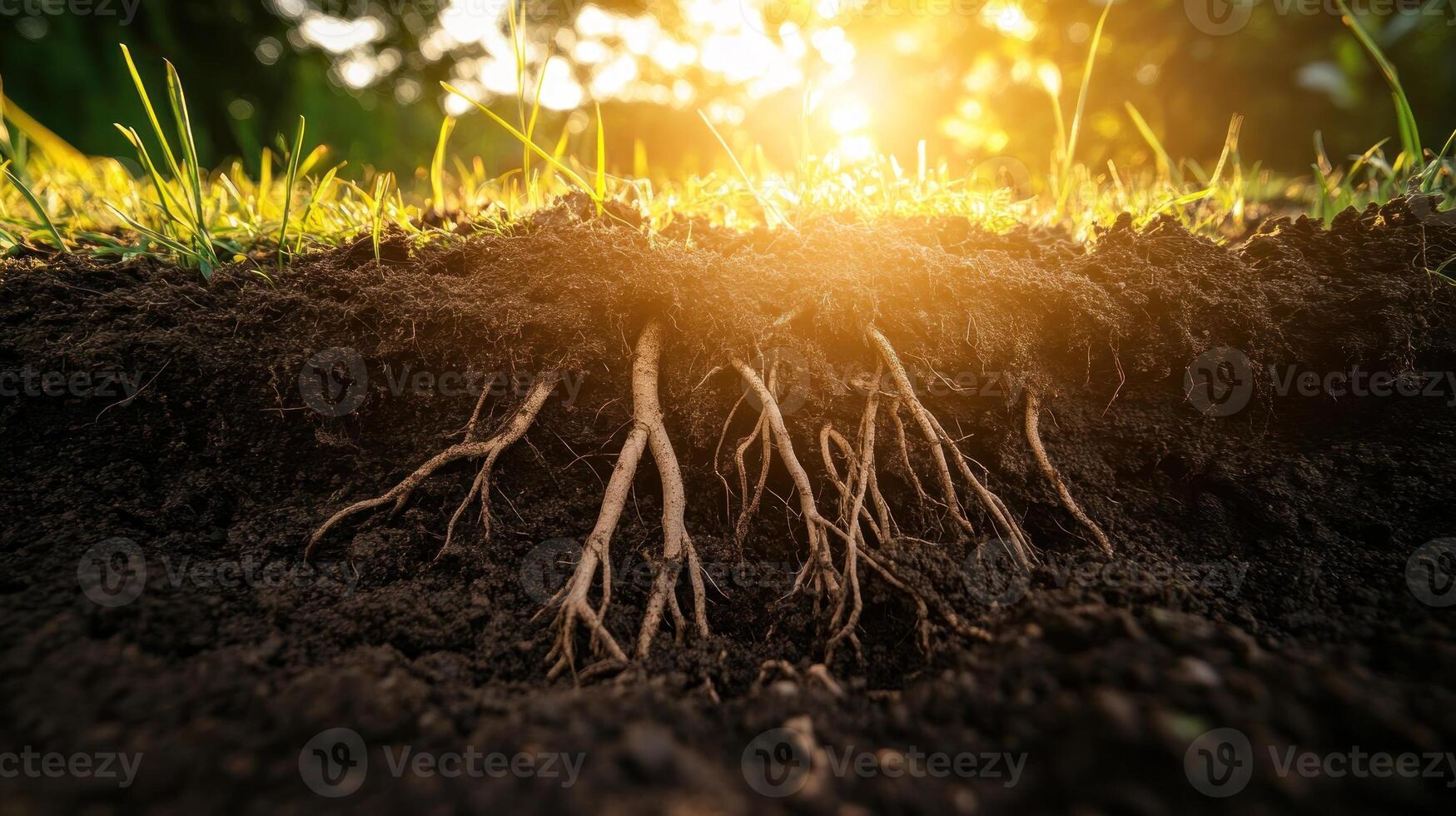 Sunlight Illuminating Tree Roots in Soil photo