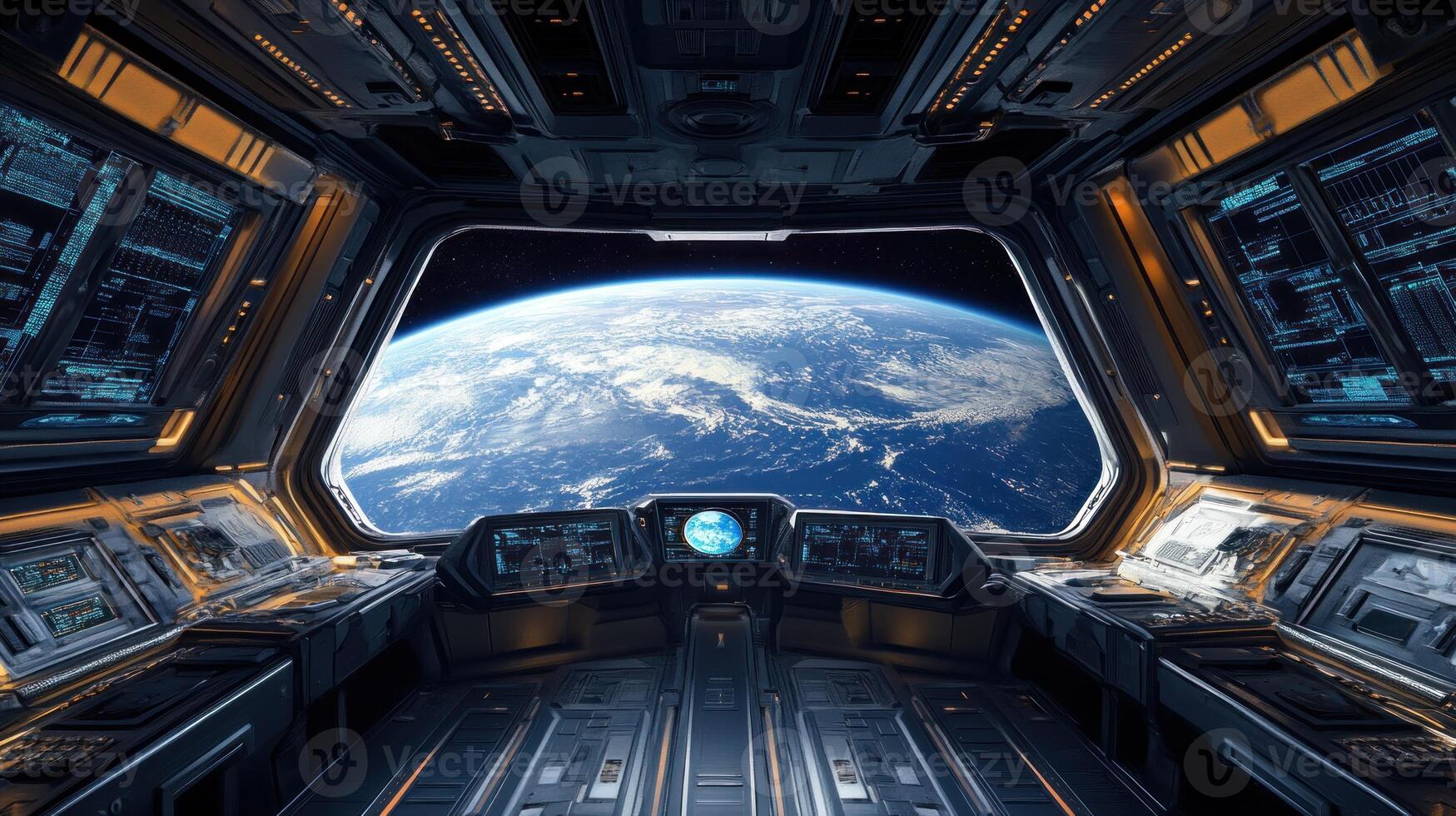 Spaceship Cockpit View of Earth with Digital Displays photo