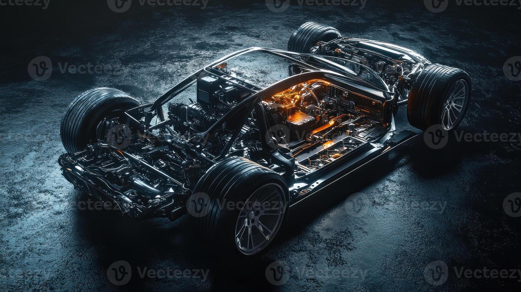 A Black Car Chassis with Visible Engine and Undercarriage photo