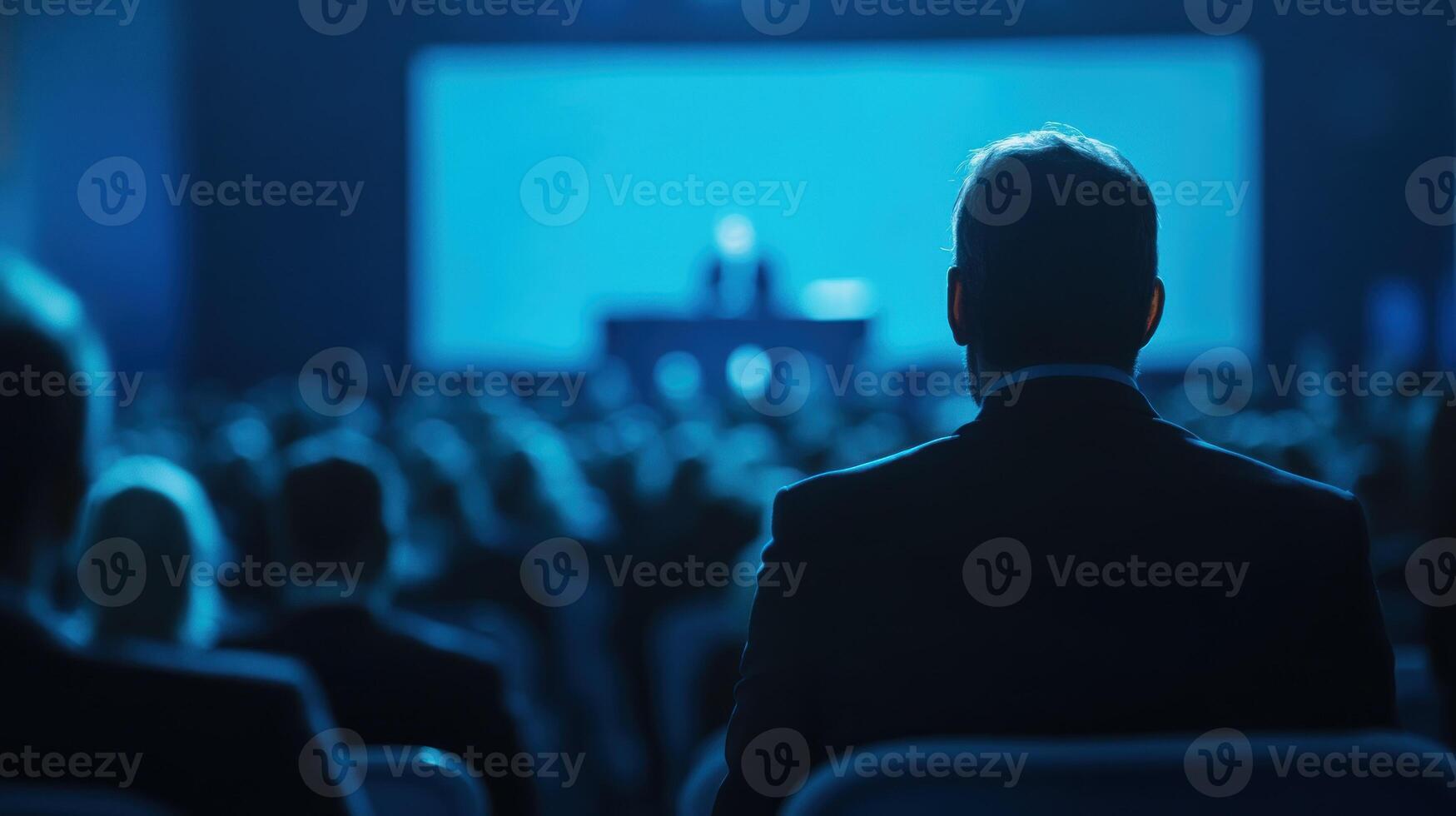 Man in a Suit Sitting in a Dark Auditorium photo