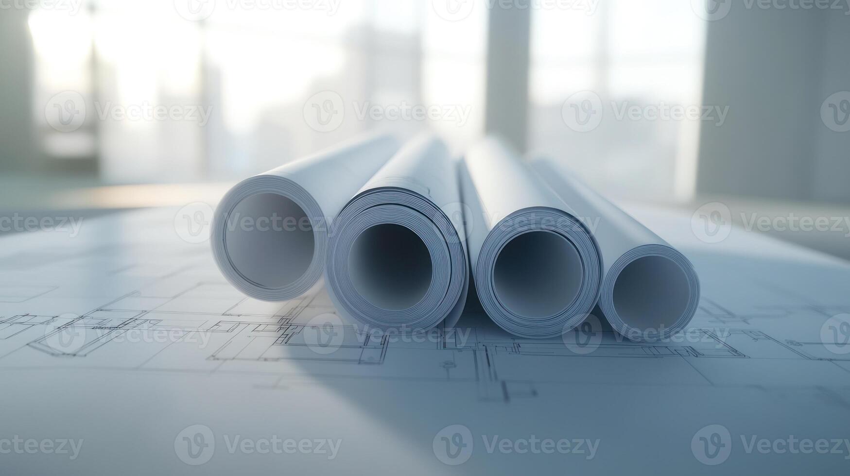 Rolled Architectural Plans on a Table photo