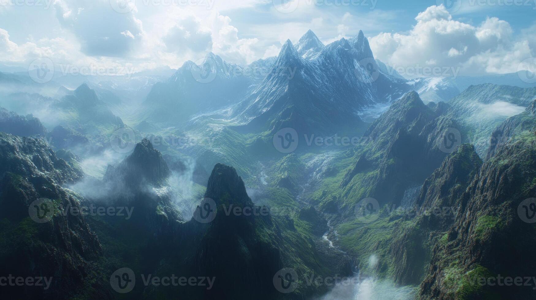 Misty Mountain Range with Snow-Capped Peaks and a Winding Stream photo