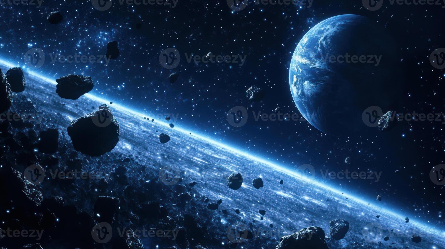 A blue planet with a ring of asteroids in a starry sky photo