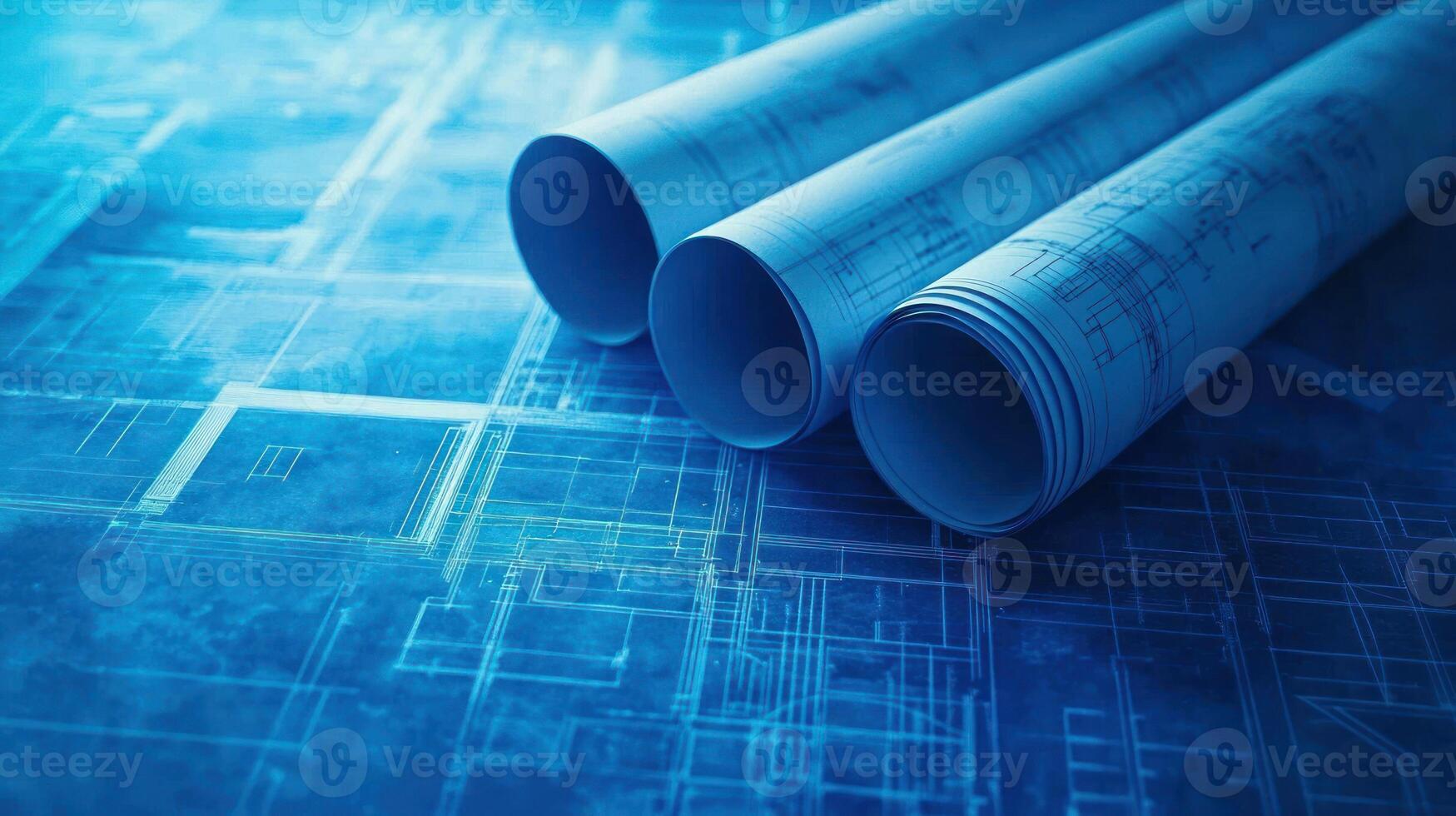 Rolled Blueprints on a Blue Background photo