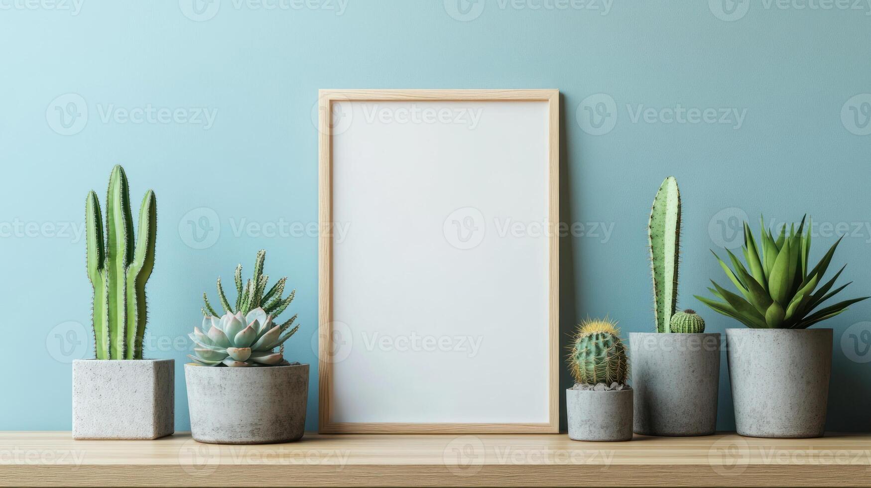 Wooden Frame with Cactus and Succulents on Shelf photo