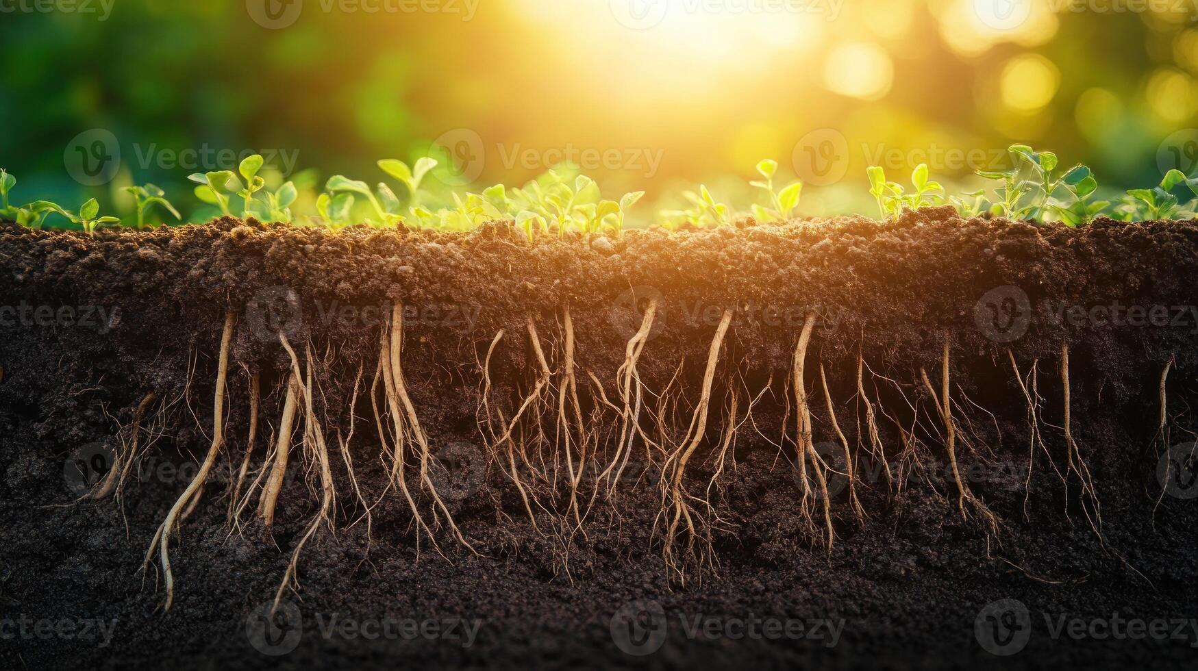 Sunlight Illuminating Young Plant Roots in Soil photo