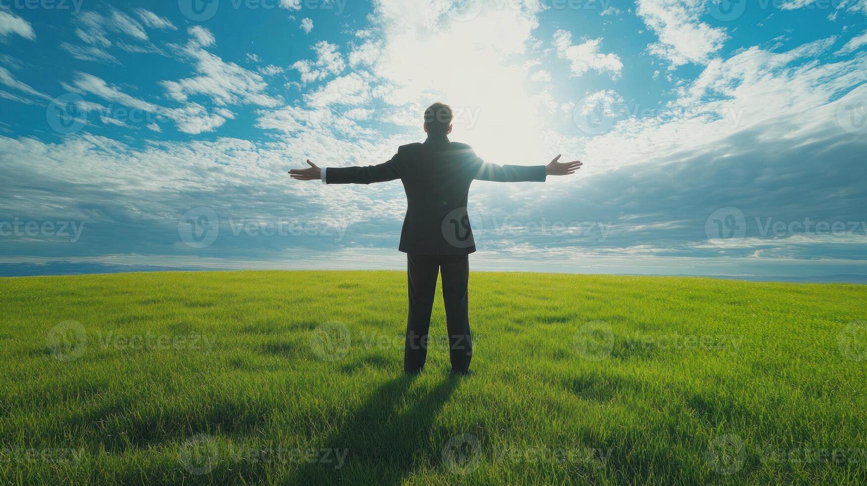 Man in a Suit Standing in a Field with Arms Outstretched photo