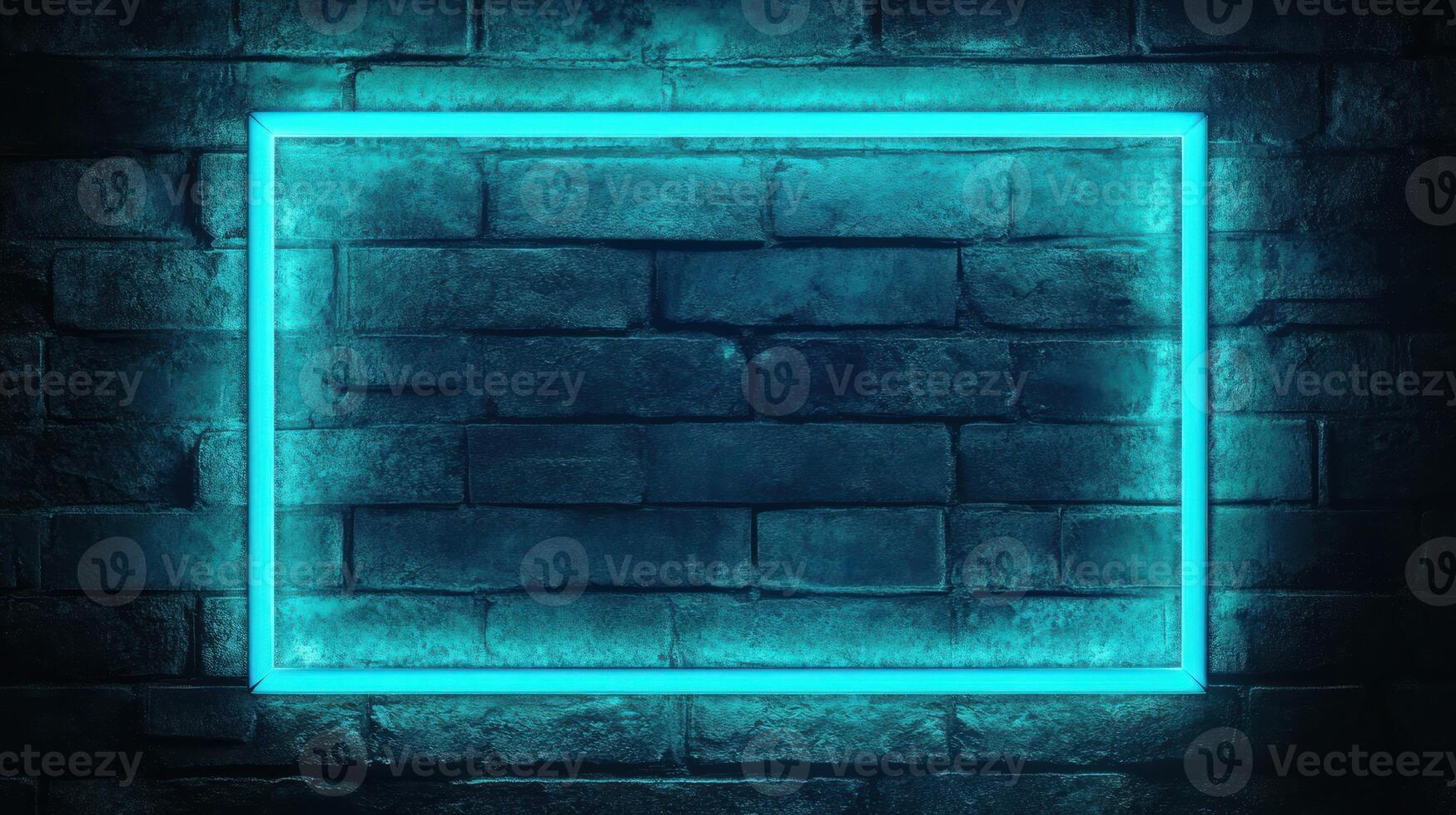 Glowing Cyan Neon Square Frame on a Brick Wall photo
