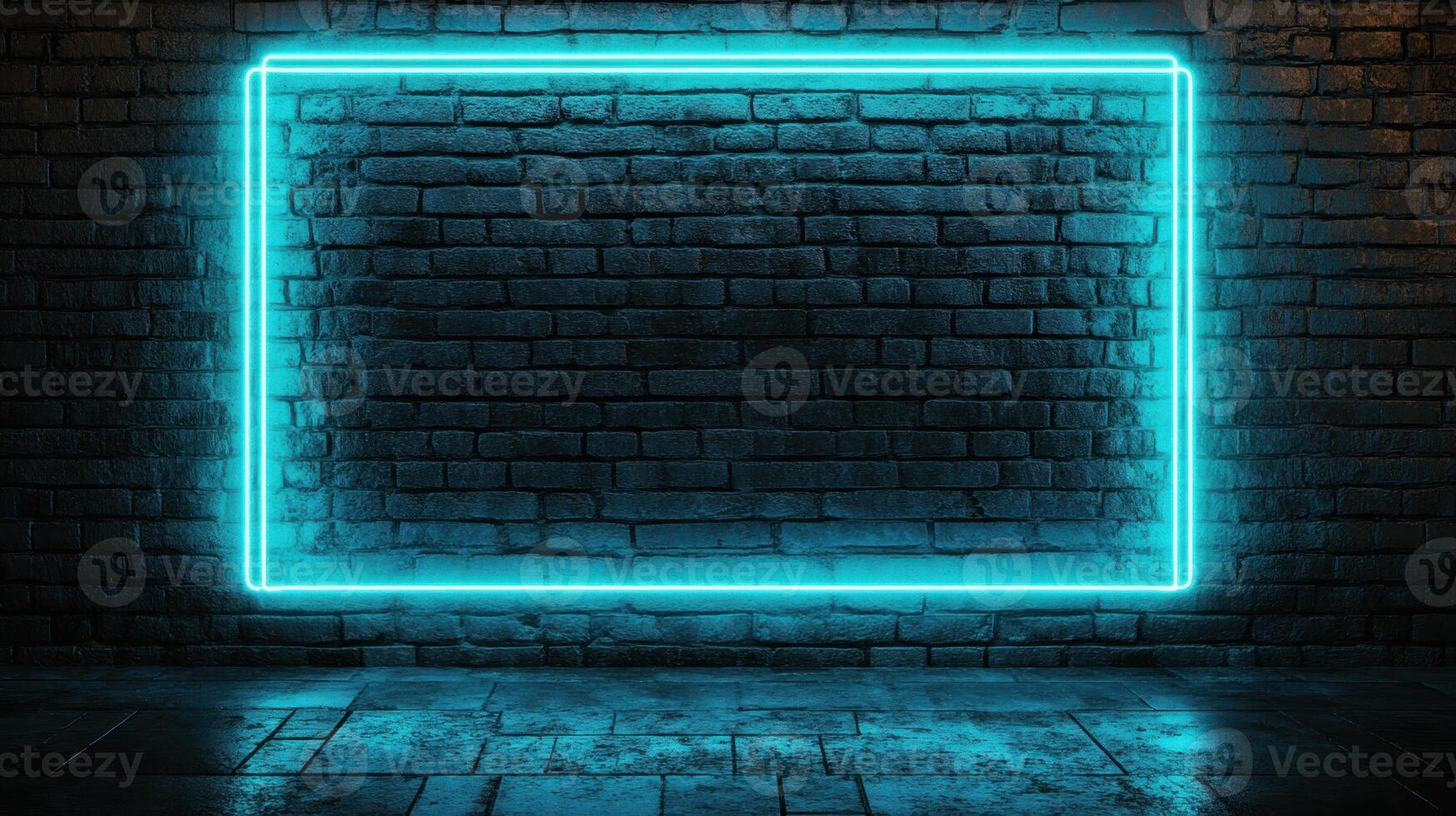 Glowing Cyan Neon Frame on a Brick Wall. photo