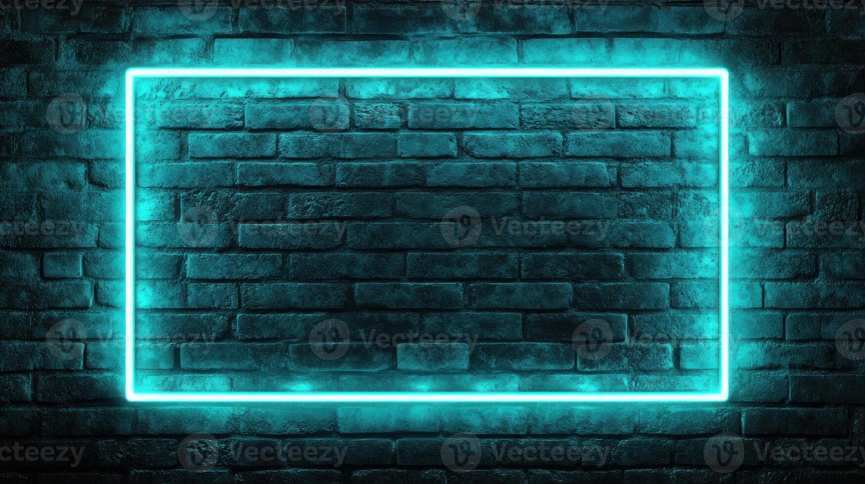 Glowing Cyan Neon Frame on a Brick Wall photo