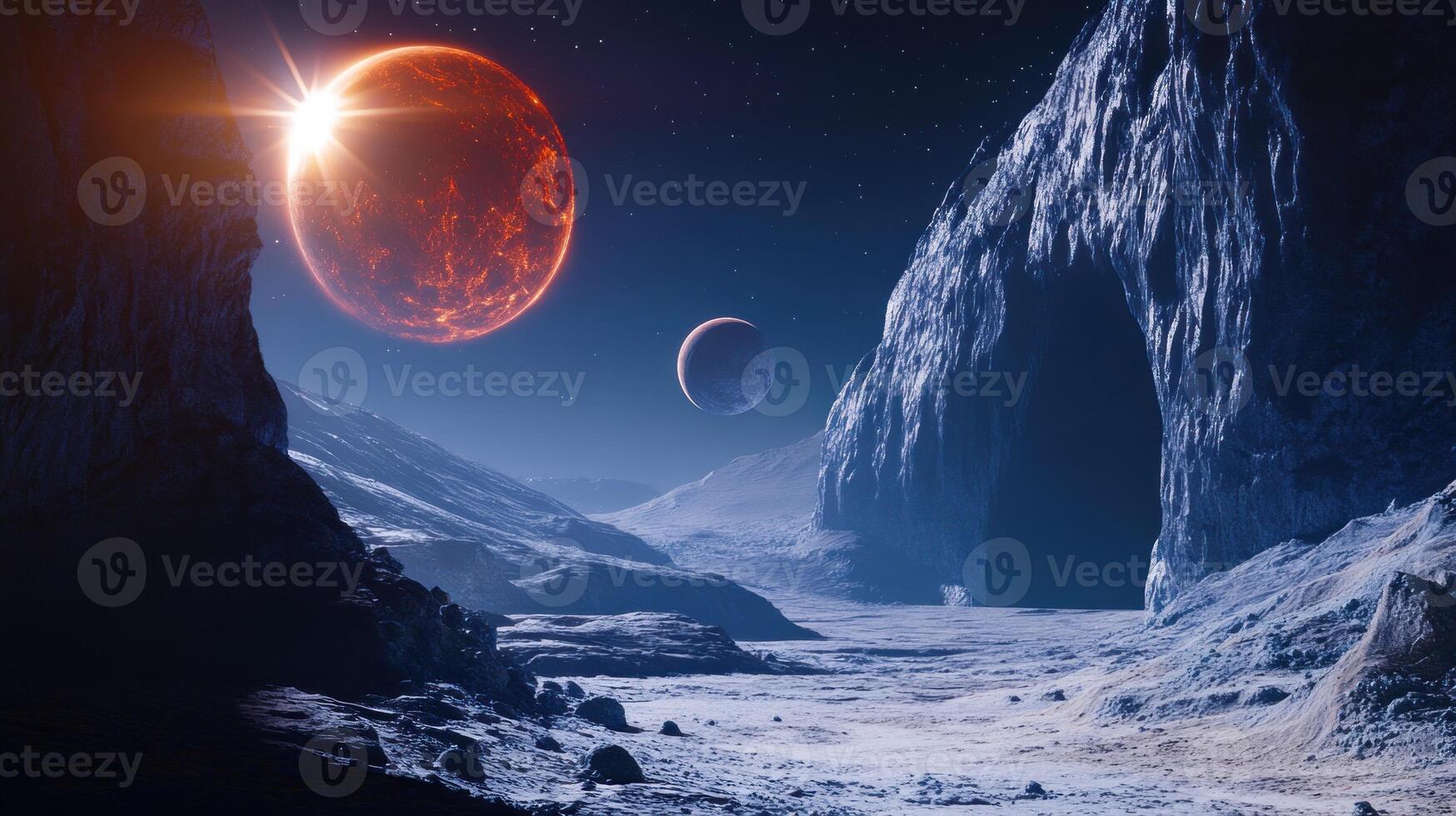 A fiery planet rises over an alien landscape with a rocky archway photo