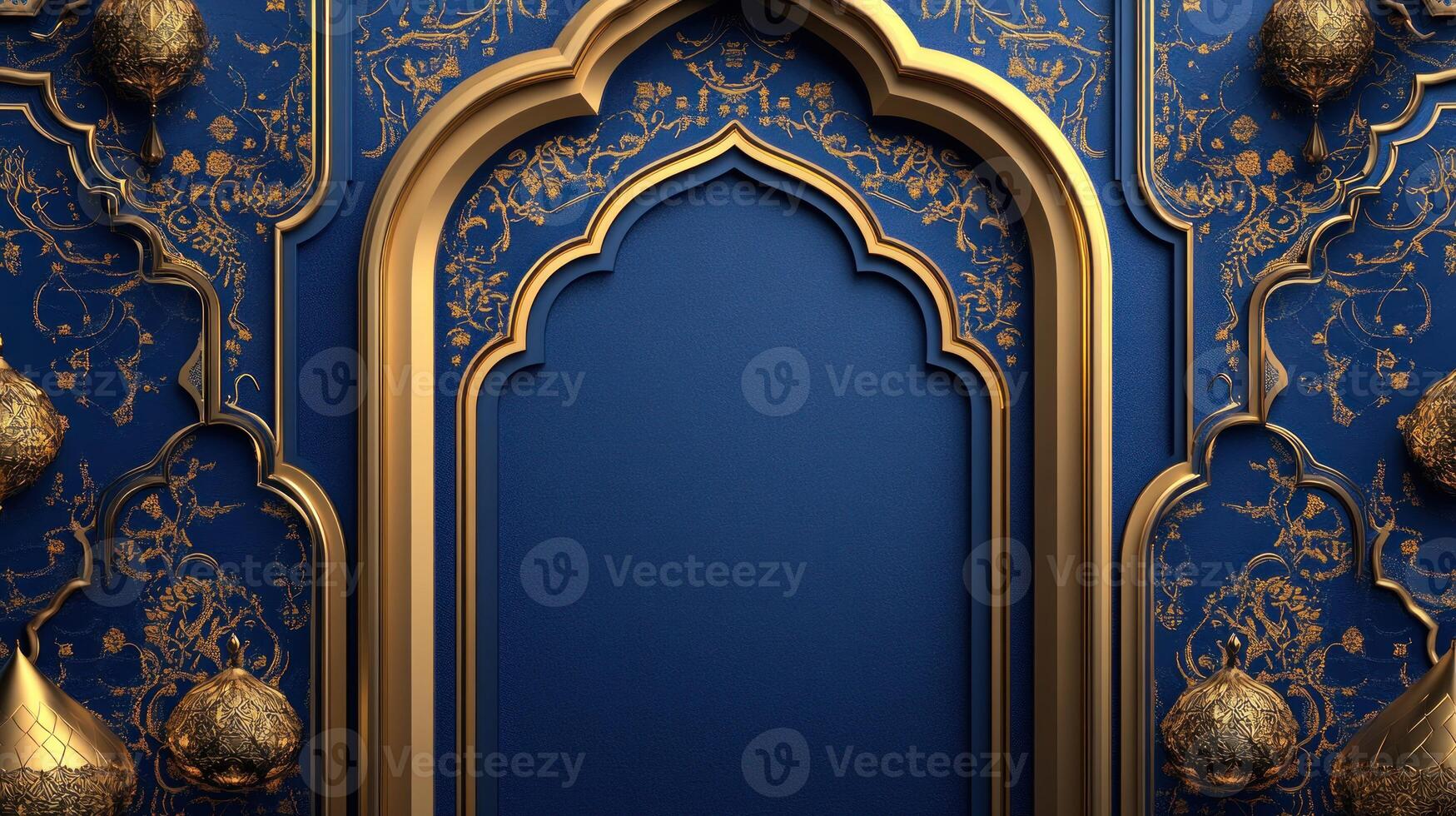 Golden Ornate Archway on a Blue Wall with Floral Motifs photo