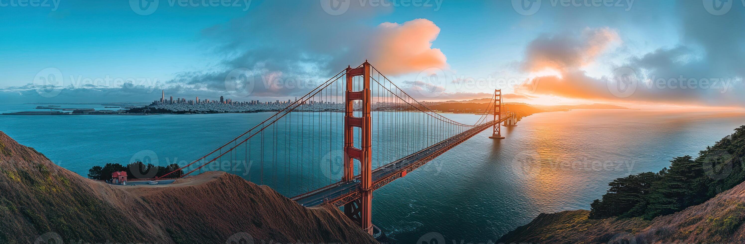 Golden Gate Bridge with Sunset Over San Francisco Skyline photo