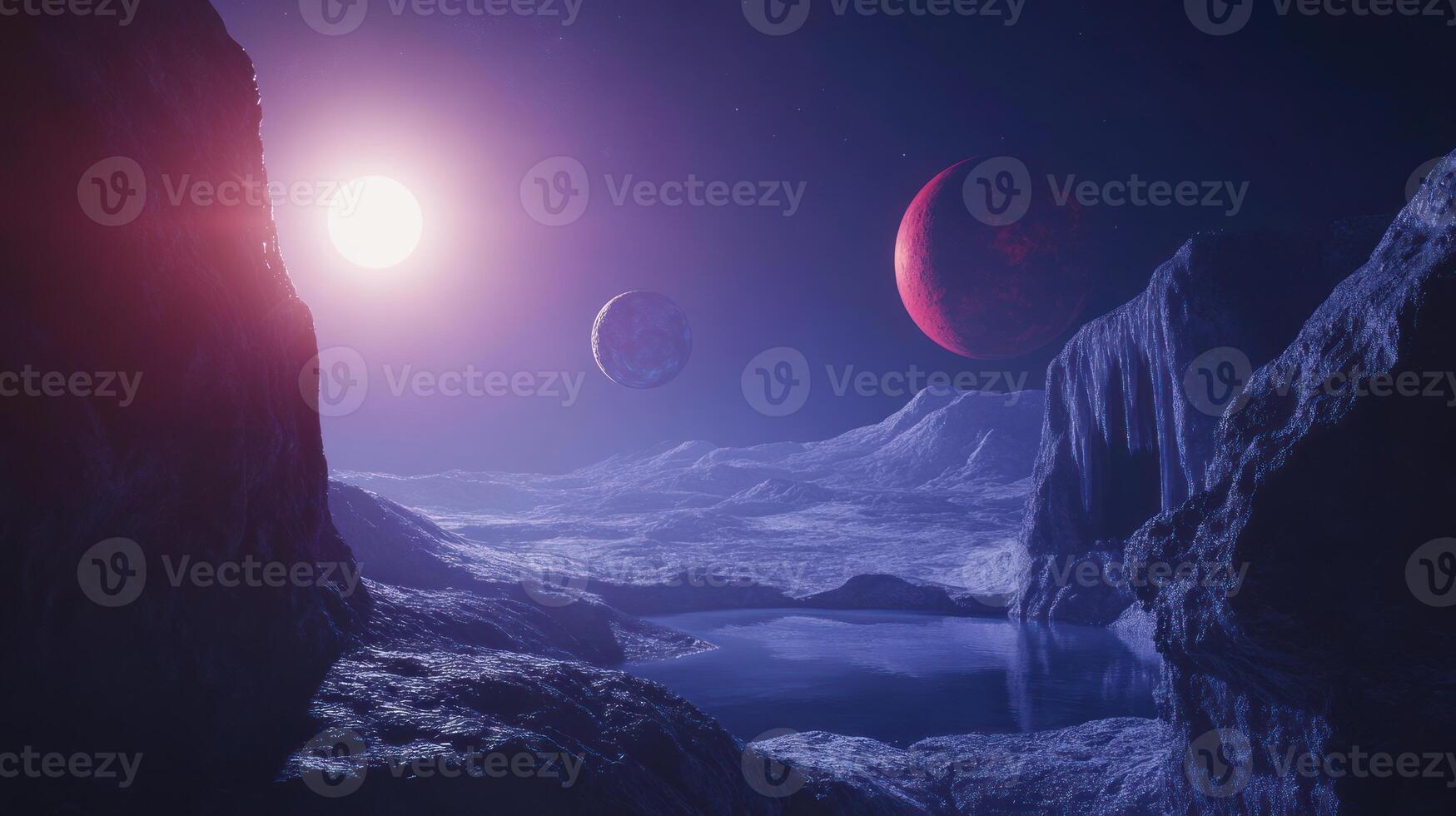 A Purple Sky, Two Moons, and a Distant Lake on a Desert Planet photo