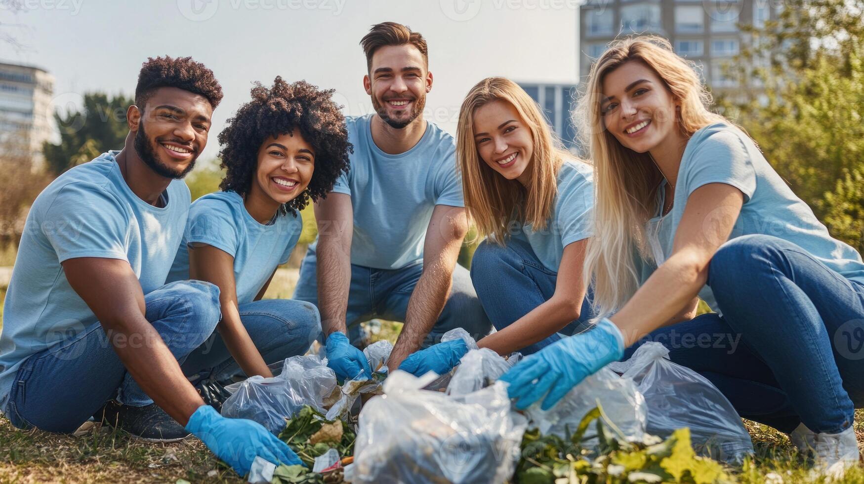 Group of Volunteers Picking Up Trash in a Park photo