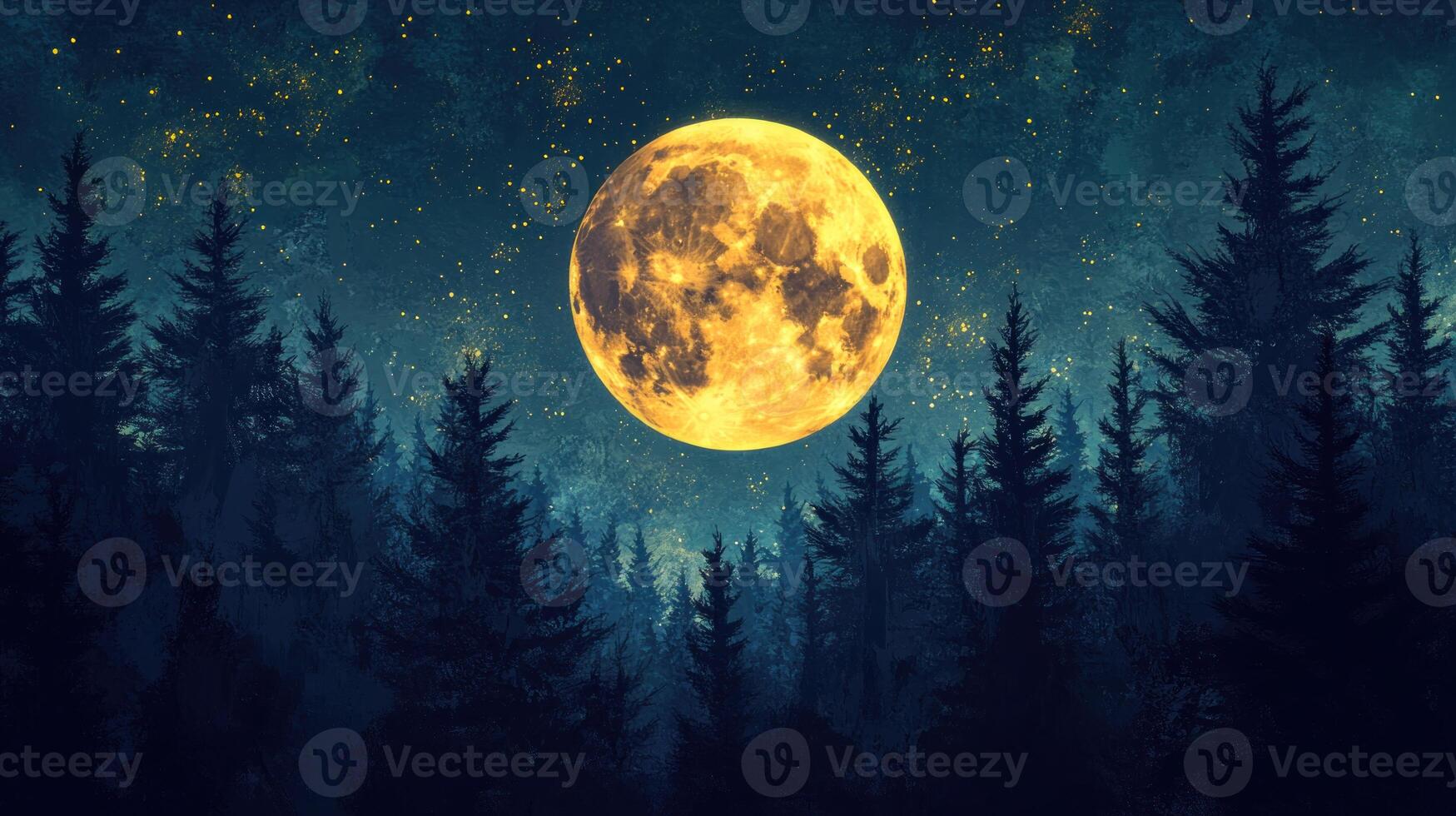 A Large Yellow Moon Rising Over a Silhouetted Forest photo