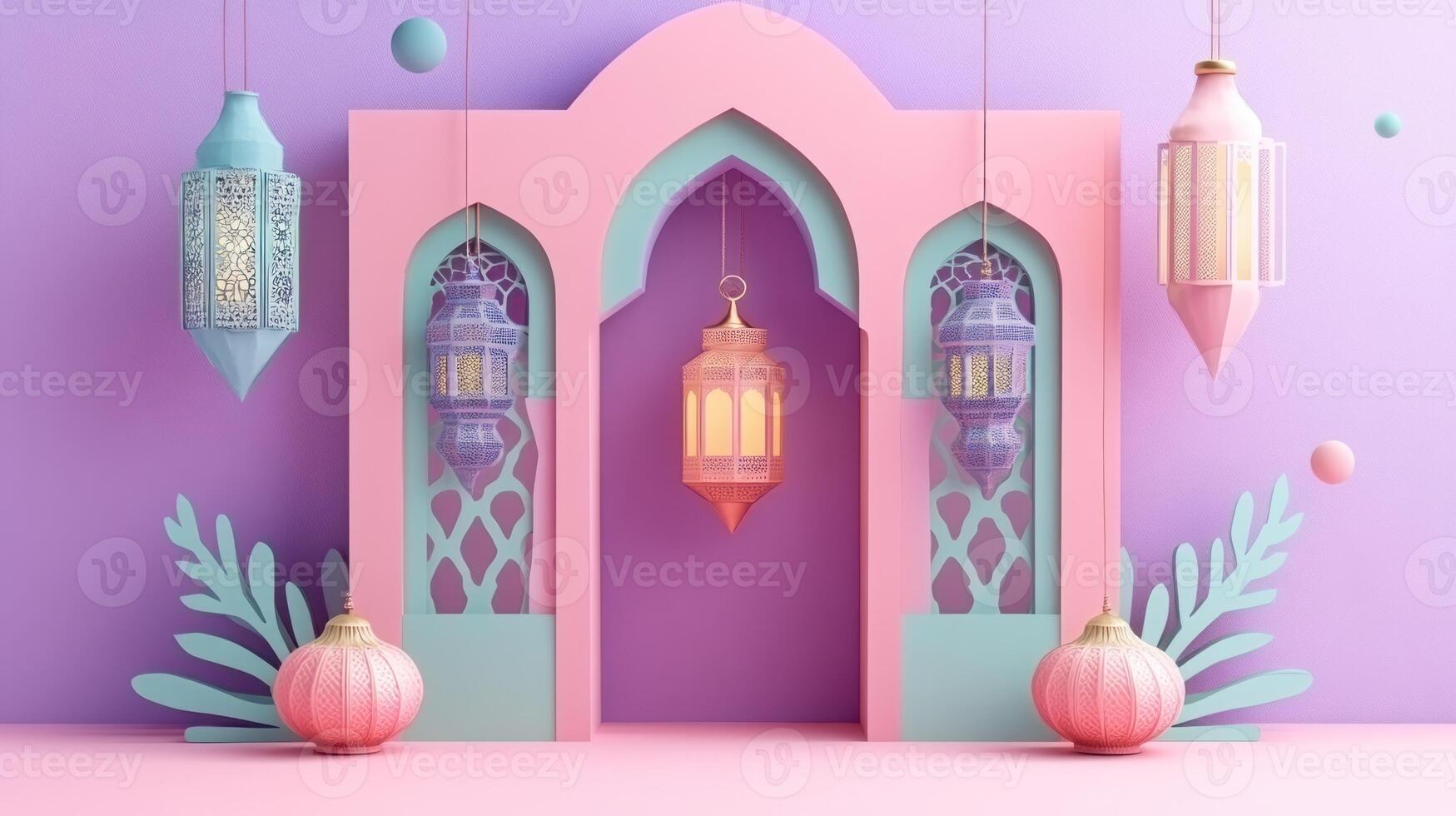 Ramadan Lanterns and Decorative Elements Against a Pastel Background photo