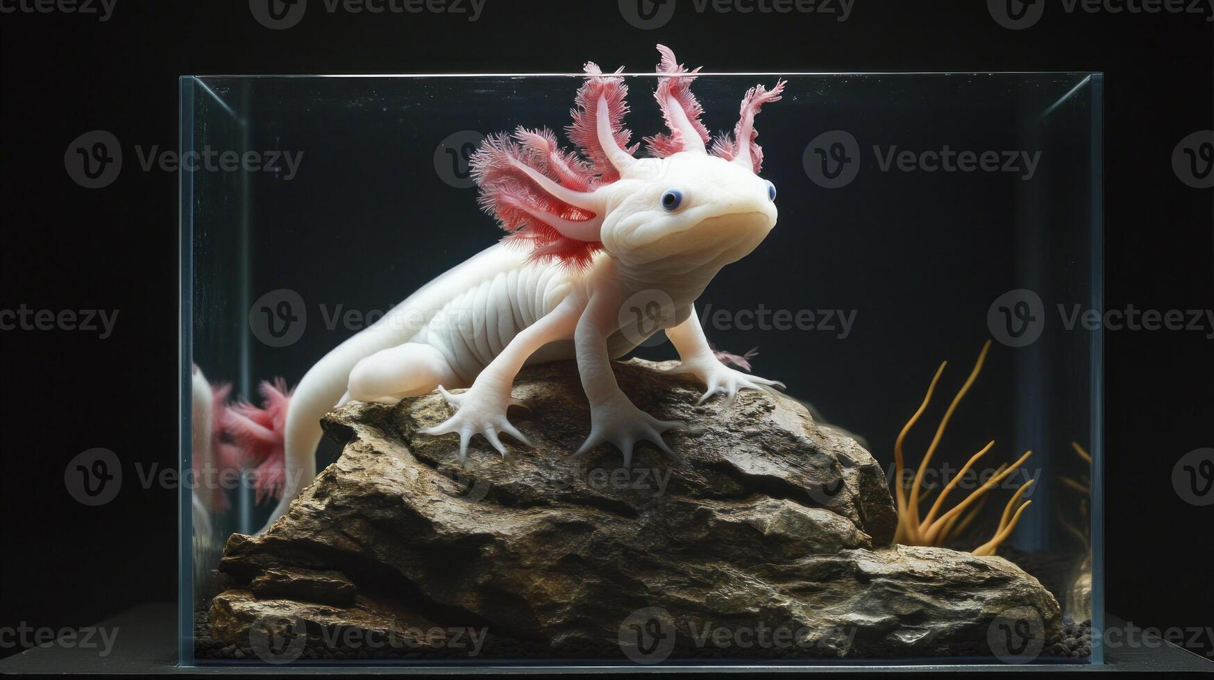 Albino Axolotl on Rock in Glass Tank photo