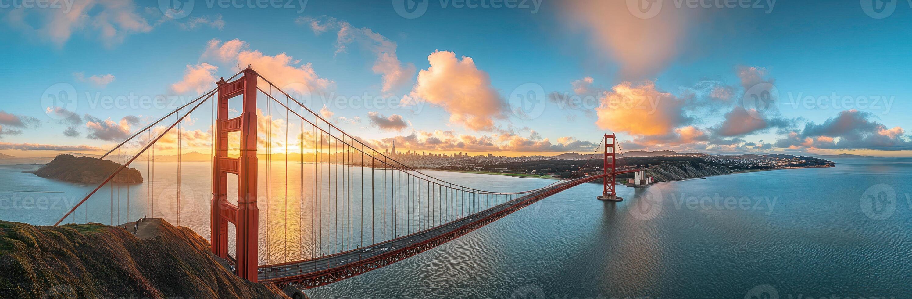 Golden Gate Bridge at Sunset with City Skyline and Clouds photo