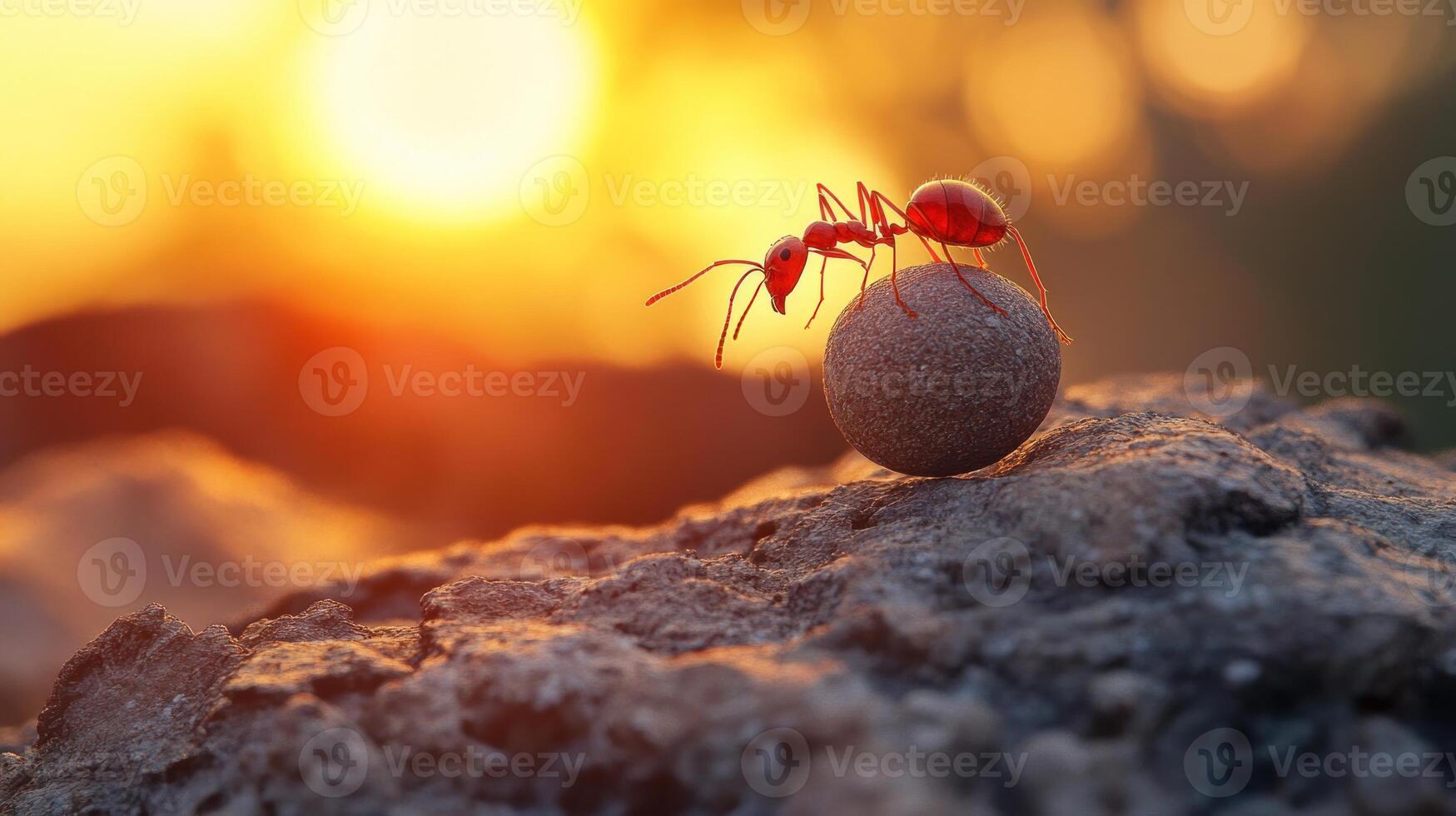 Red Ant Pushing a Round Stone Against a Sunset Background photo