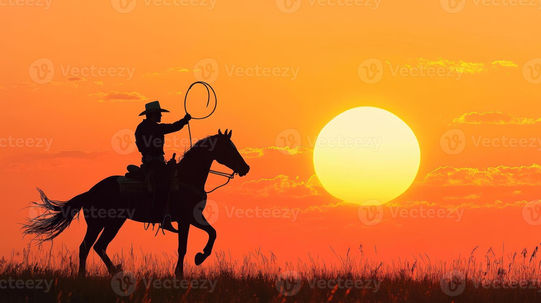 Silhouette of a Cowboy on Horseback Riding into the Sunset photo