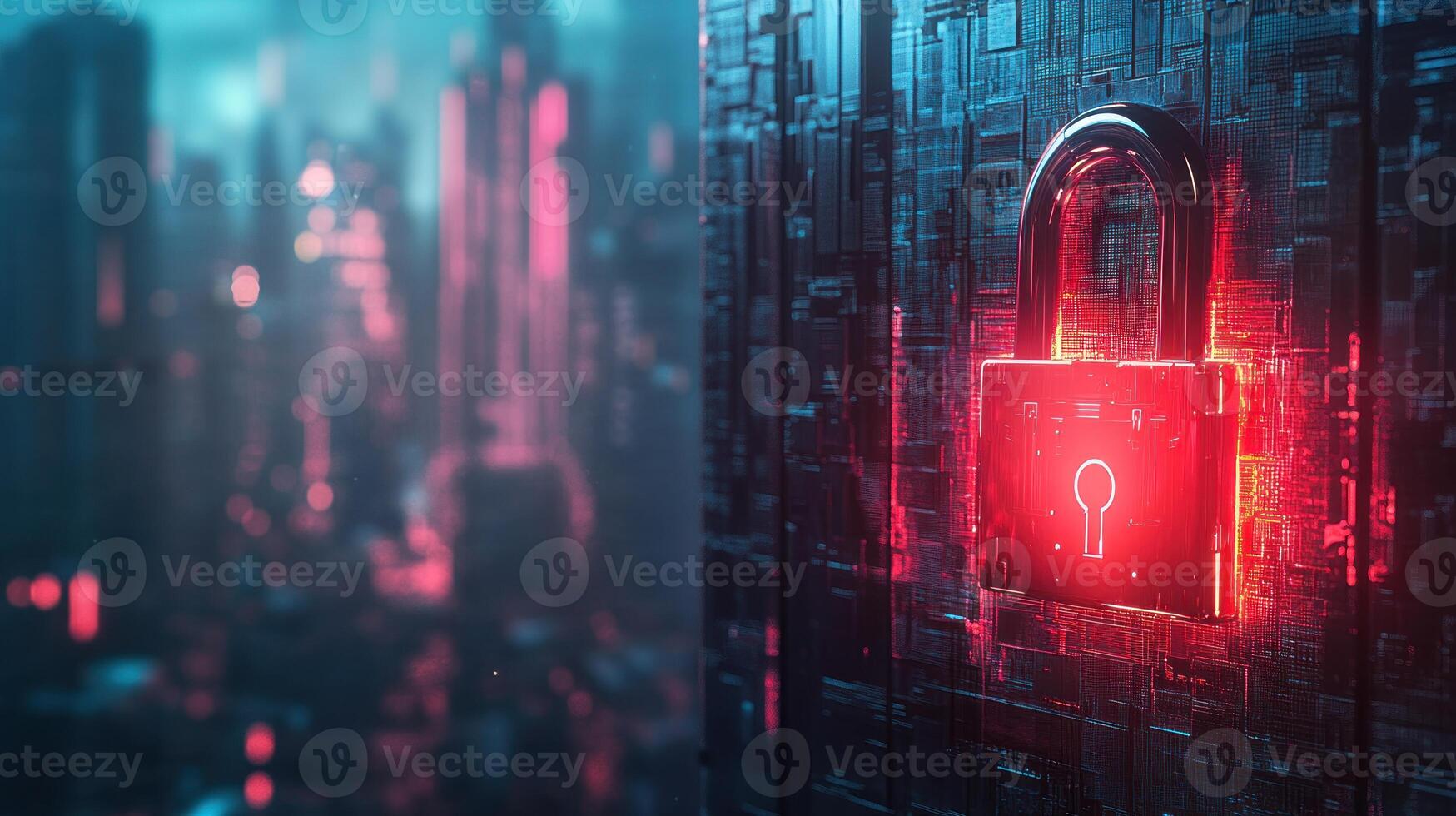 Glowing Red Lock on a Digital Grid with a Blurred Cityscape Background photo