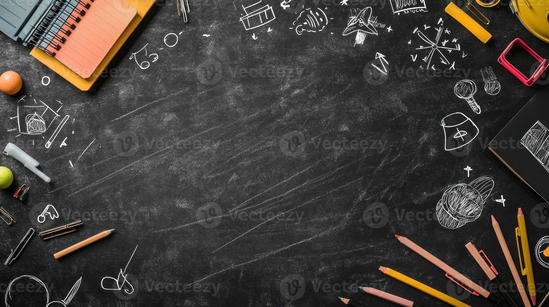 Black Chalkboard Background with School Supplies and Drawings photo