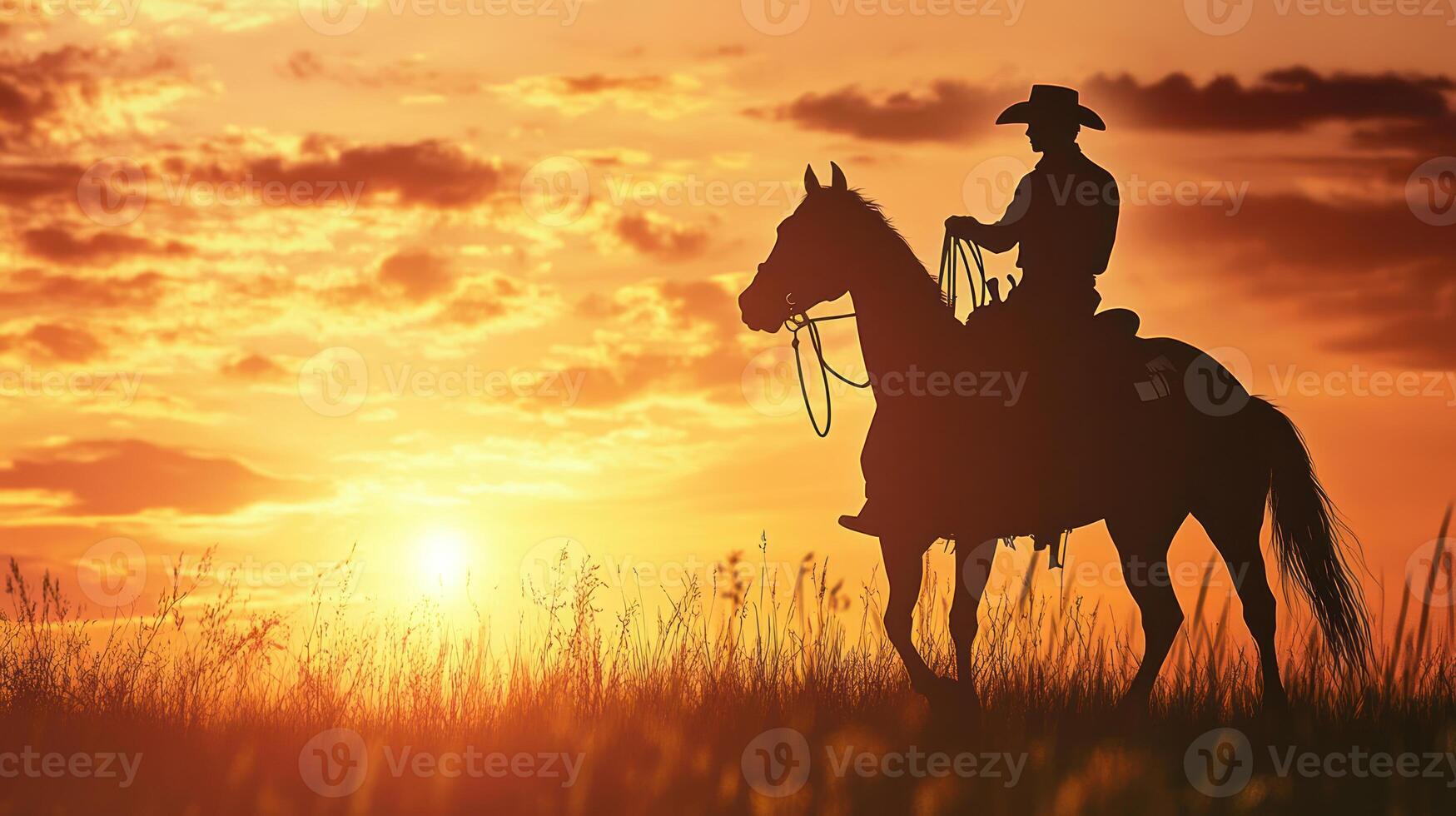 Silhouette of a Cowboy Riding a Horse at Sunset. photo