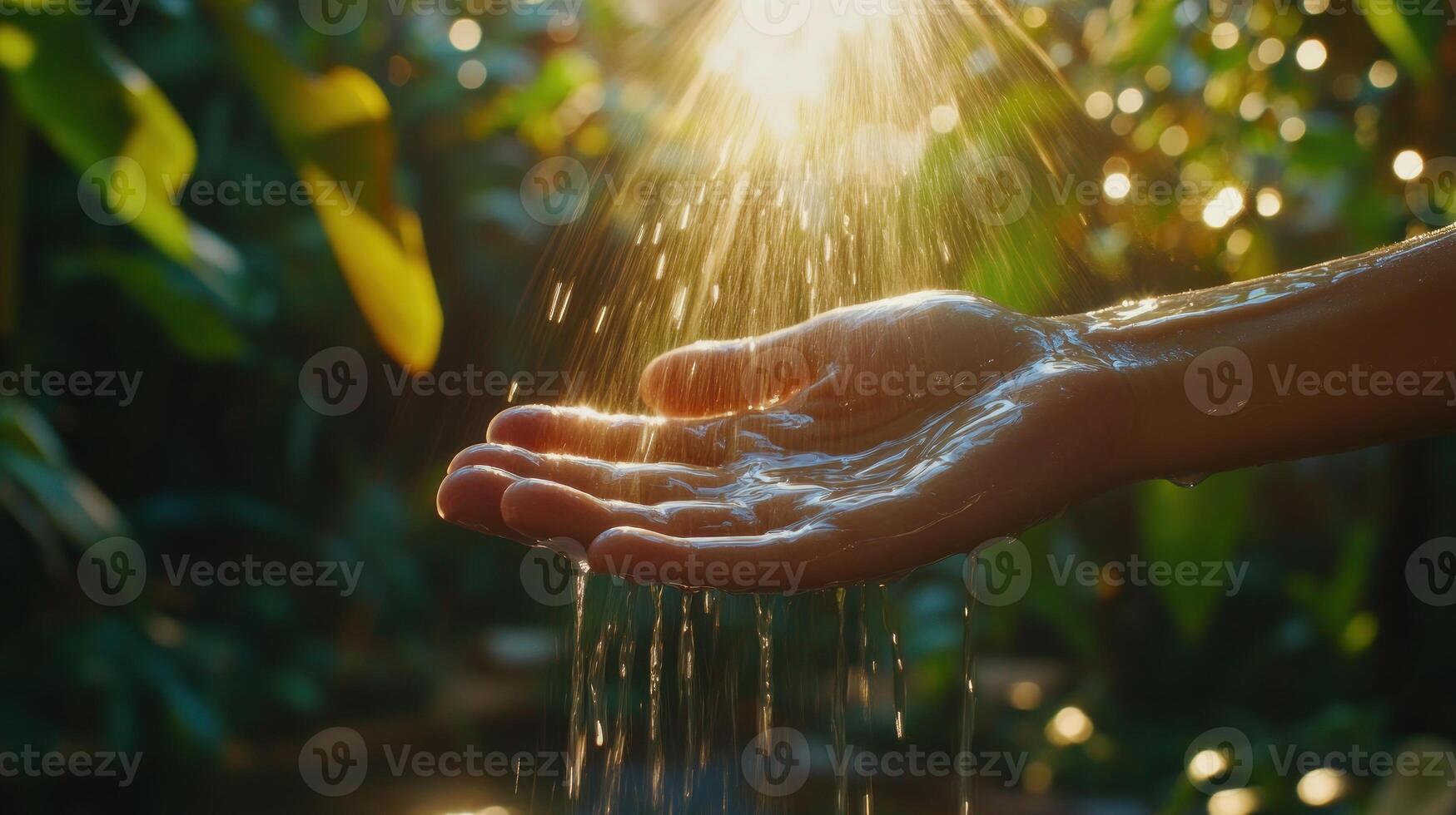 Water Pouring Through Hand With Sunlight Shining Through photo