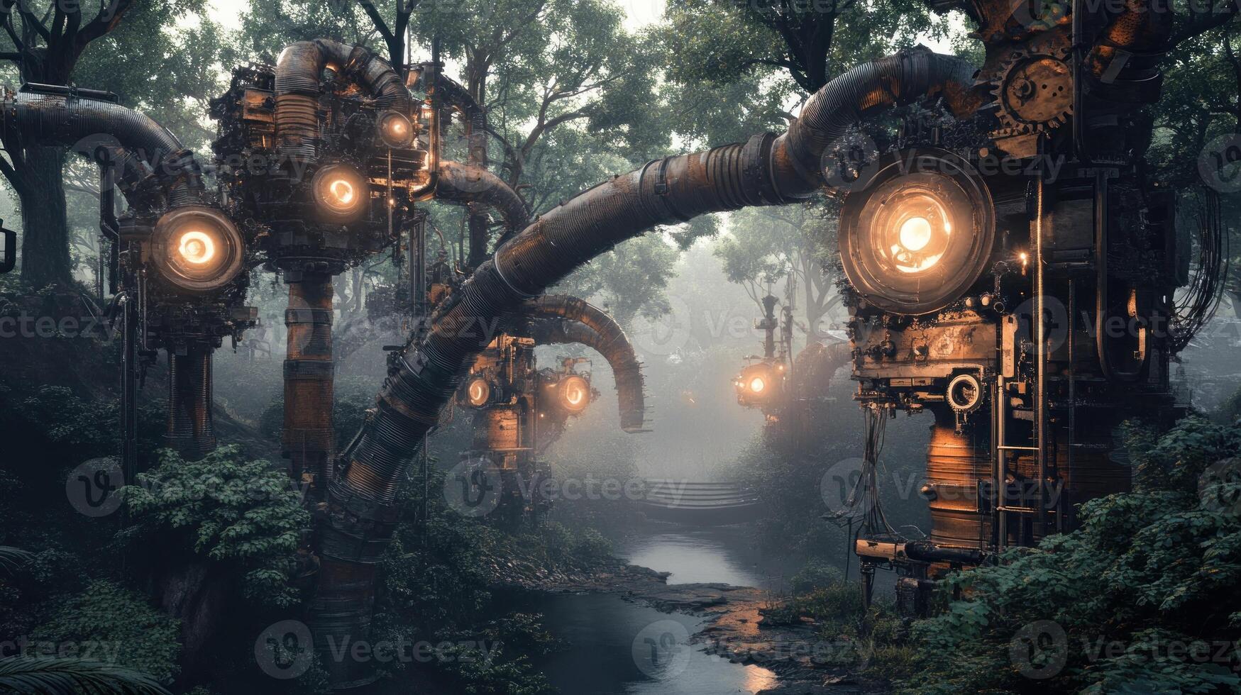 Glowing Mechanical Structures in a Misty Forest photo